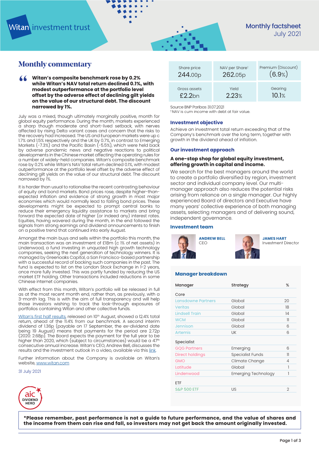 Monthly Commentary Share Price NAV Per Share† Premium (Discount) 00P 05P % Witan’S Composite Benchmark Rose by 0.2% 244