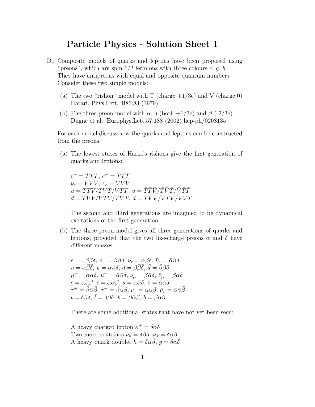Particle Physics - Solution Sheet 1