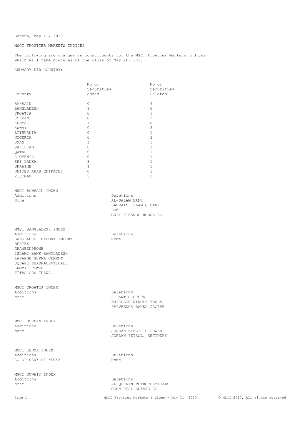 Geneva, May 11, 2010 MSCI FRONTIER MARKETS INDICES