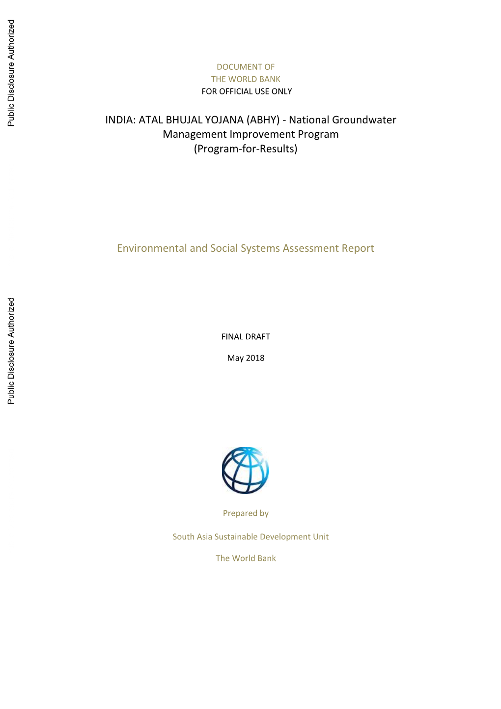 ATAL BHUJAL YOJANA (ABHY) - National Groundwater Public Disclosure Authorized Management Improvement Program (Program-For-Results)