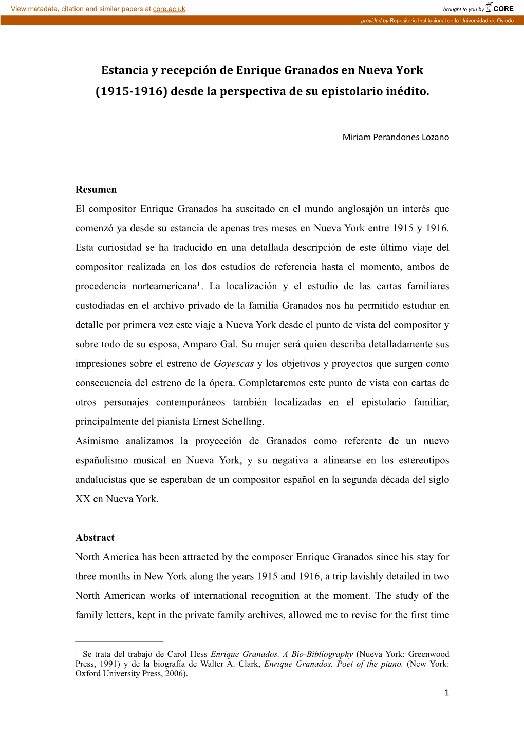 Estancia Y Recepción De Enrique Granados En Nueva York (1915-1916) Desde La Perspectiva De Su Epistolario Inédito