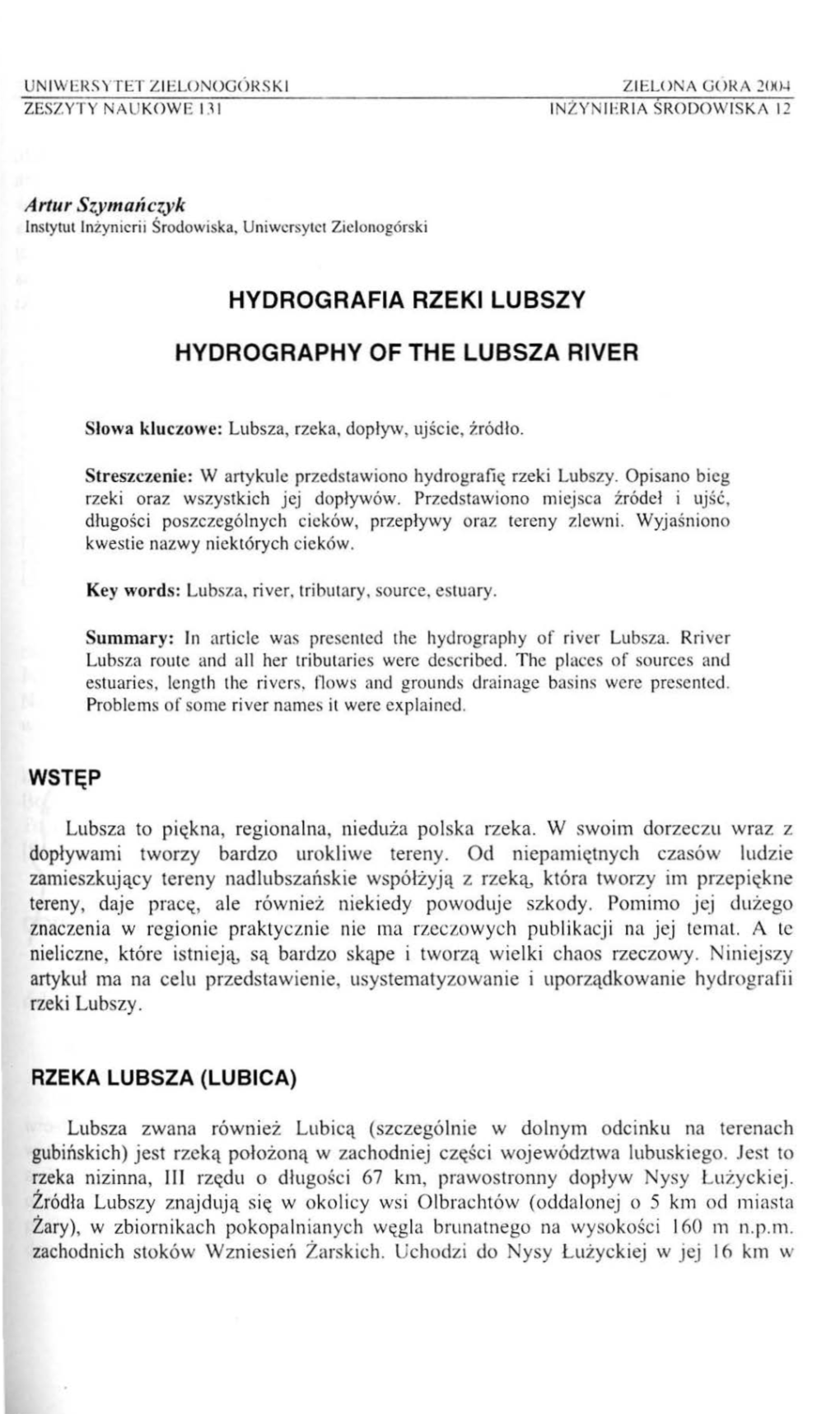 Hydrografia Rzeki Lubszy Hydrography of the Lubsza