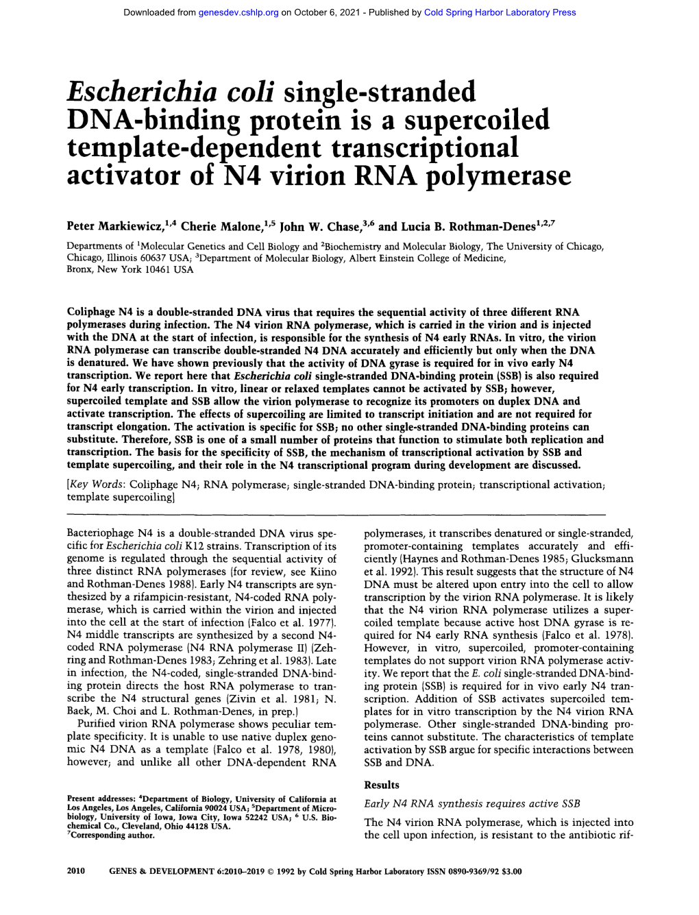 DNA-Binding Protein Is a Supe.Rcoiled Template-Dependent Transcriptmnal Activator of N4 Virion RNA Polymerase