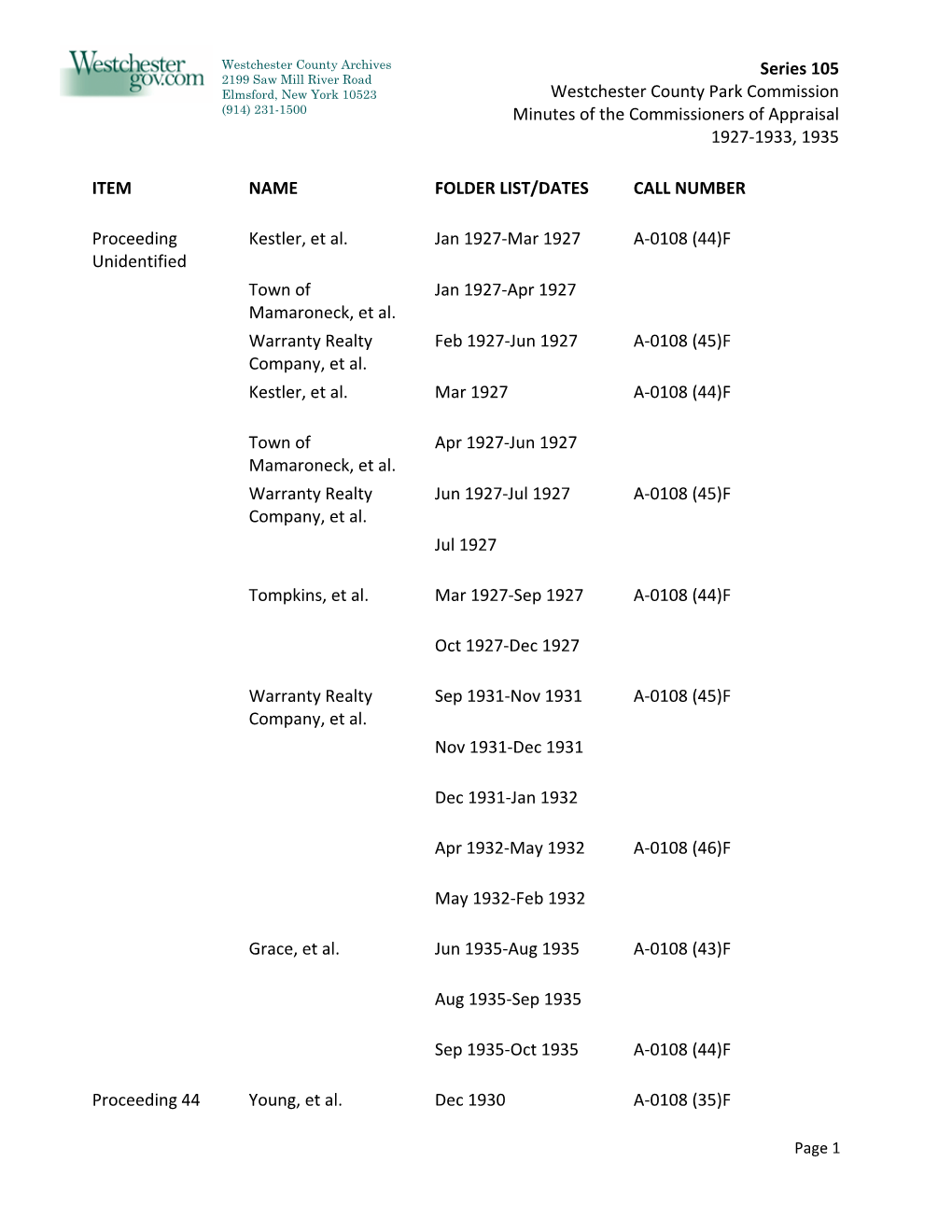 Series 105 Westchester County Park Commission Minutes of The