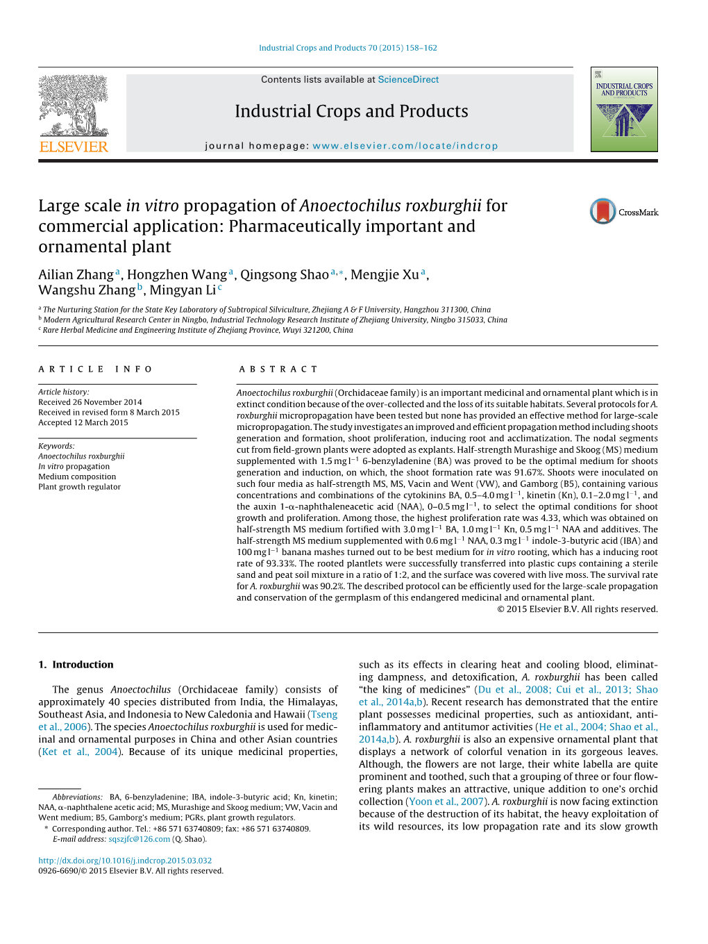 Large Scale in Vitro Propagation of Anoectochilus Roxburghii For