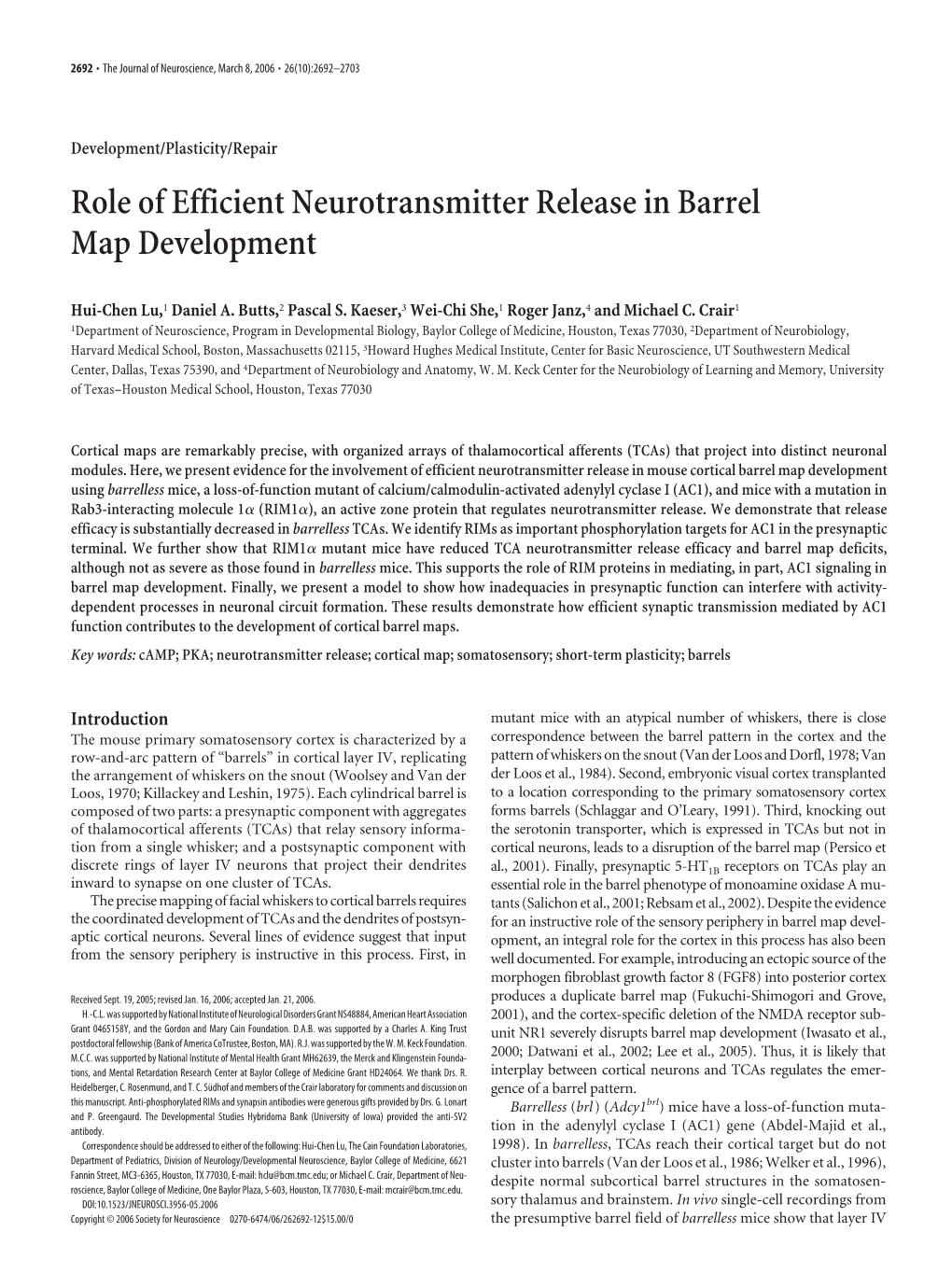 Role of Efficient Neurotransmitter Release in Barrel Map Development