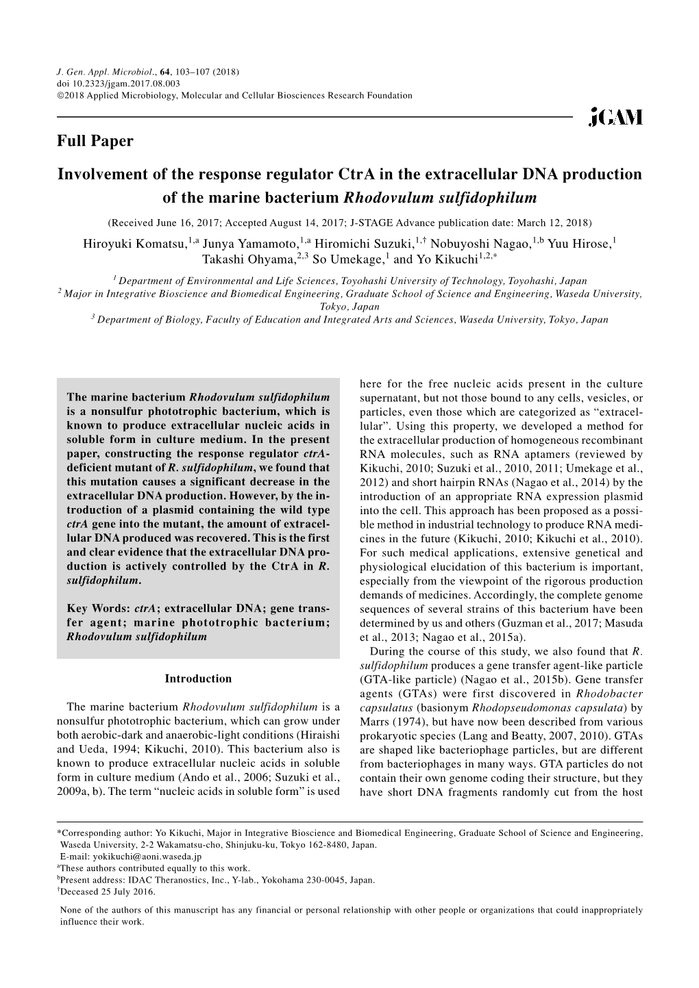 Involvement of the Response Regulator Ctra in the Extracellular DNA Production of the Marine Bacterium Rhodovulum Sulfidophilum