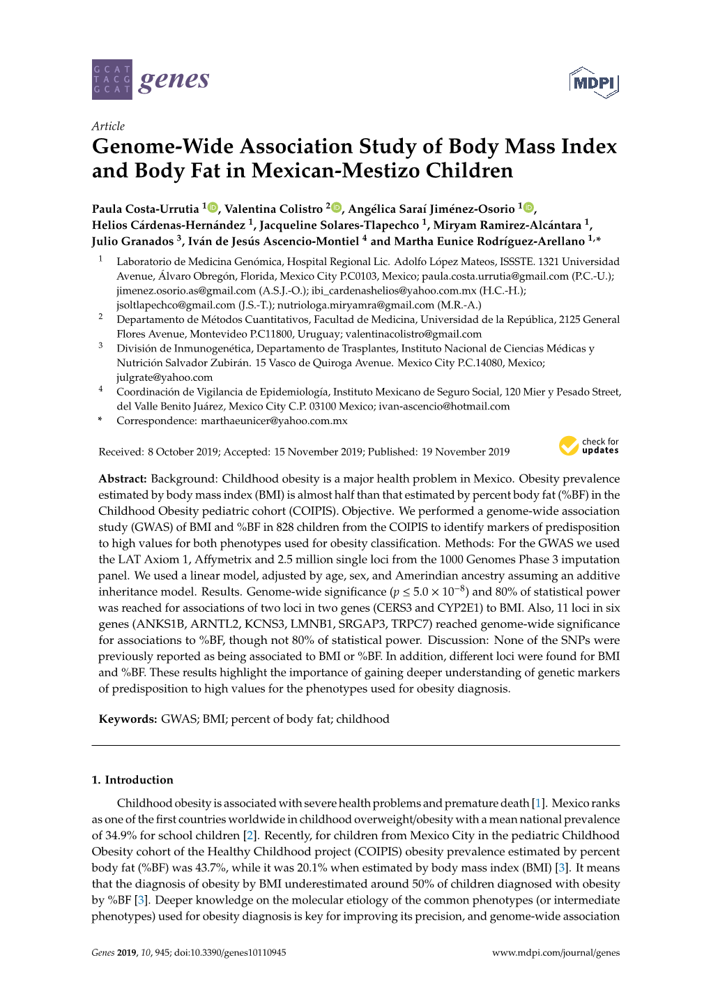 Genome-Wide Association Study of Body Mass Index and Body Fat in Mexican-Mestizo Children