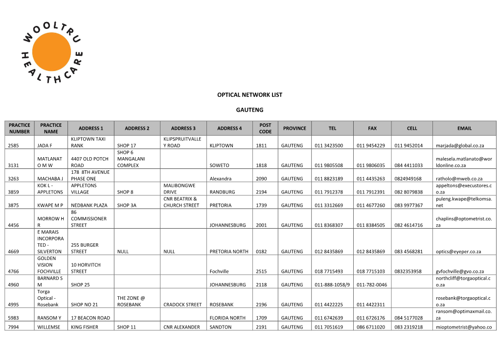 Optical Network List Gauteng