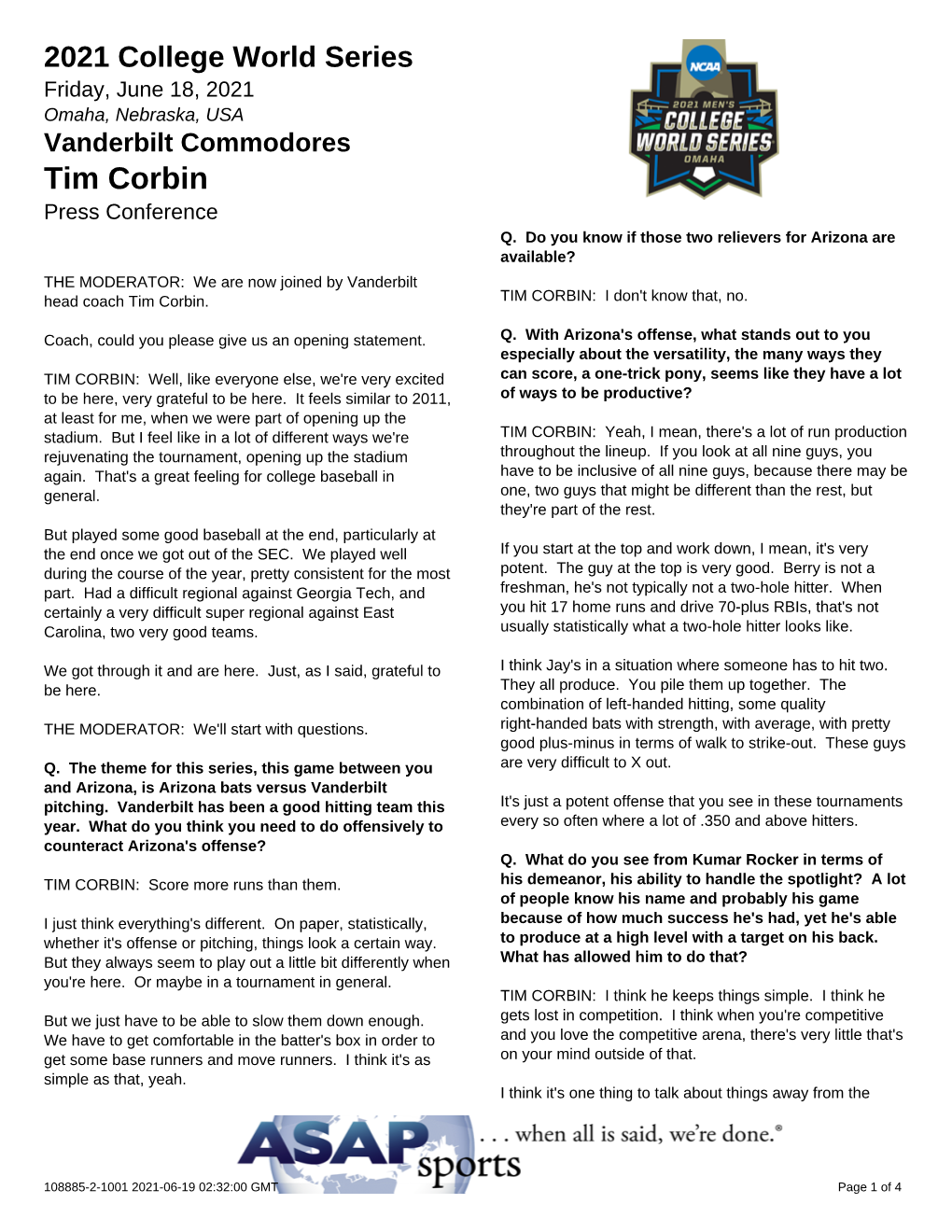 Tim Corbin Press Conference Q