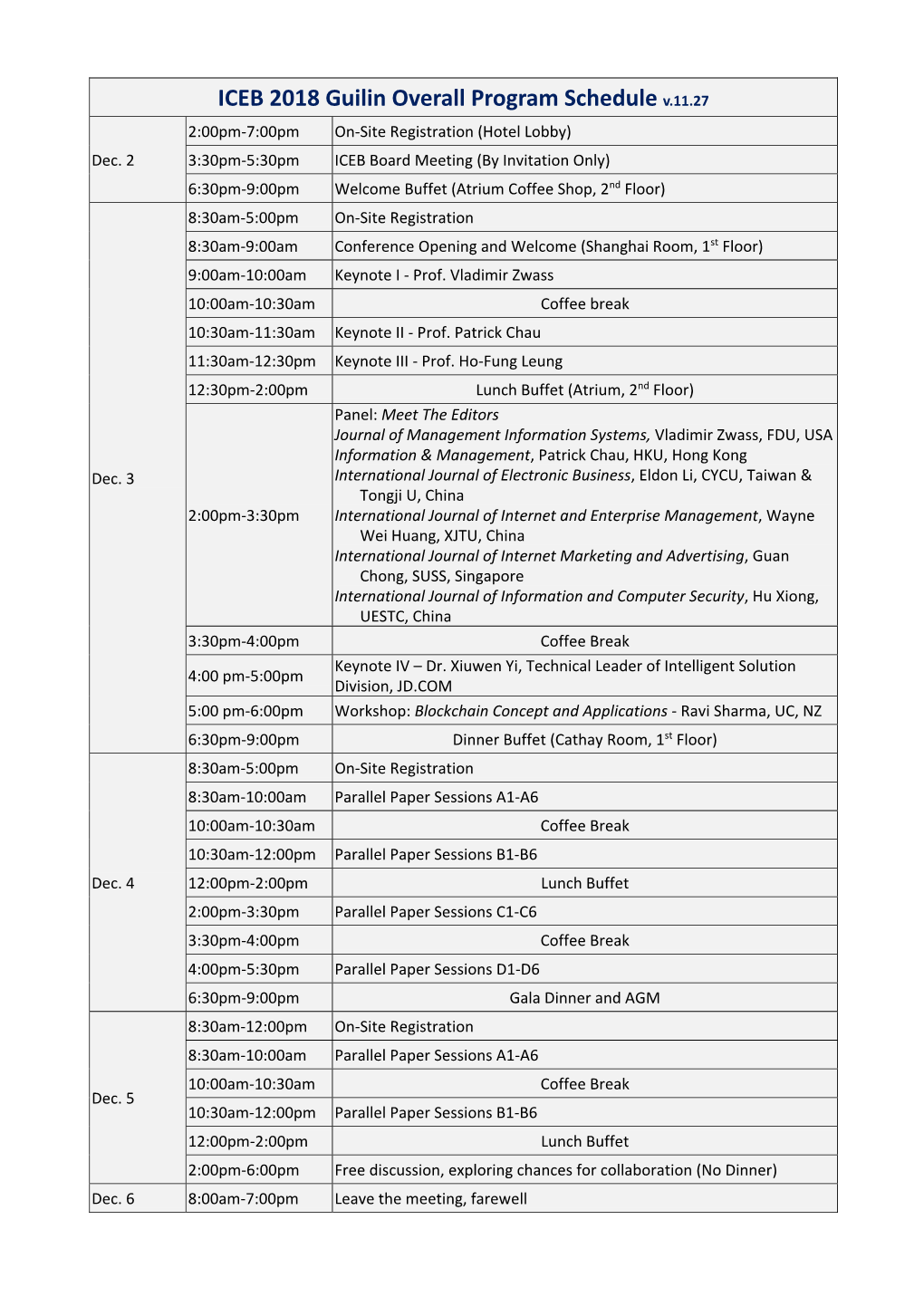 Program Schedule V.11.27 2:00Pm-7:00Pm On-Site Registration (Hotel Lobby) Dec