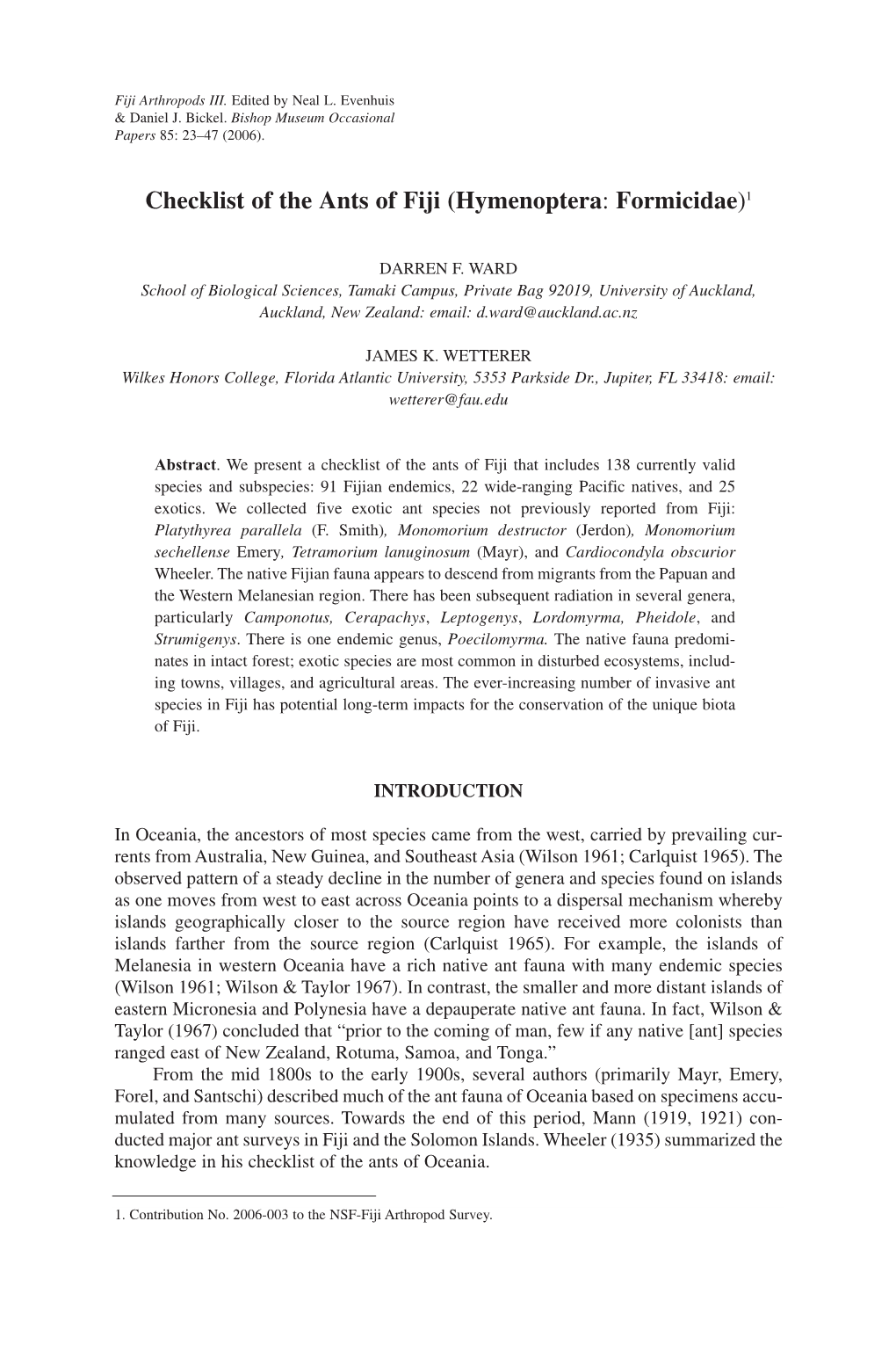 Checklist of the Ants of Fiji (Hymenoptera: Formicidae)1