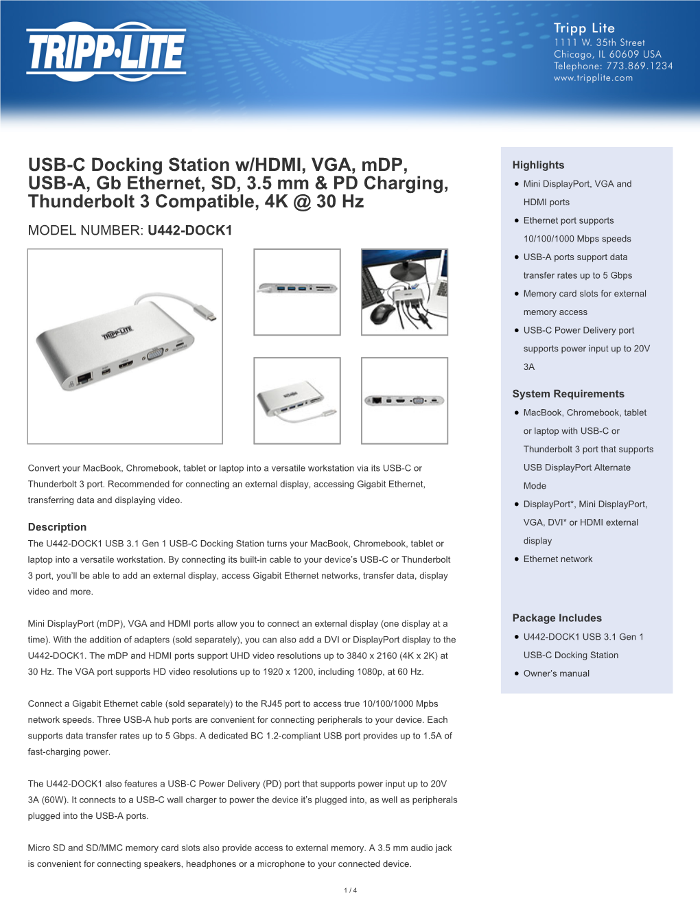 USB-C Docking Station W/HDMI, VGA, Mdp, USB-A, Gb Ethernet, SD