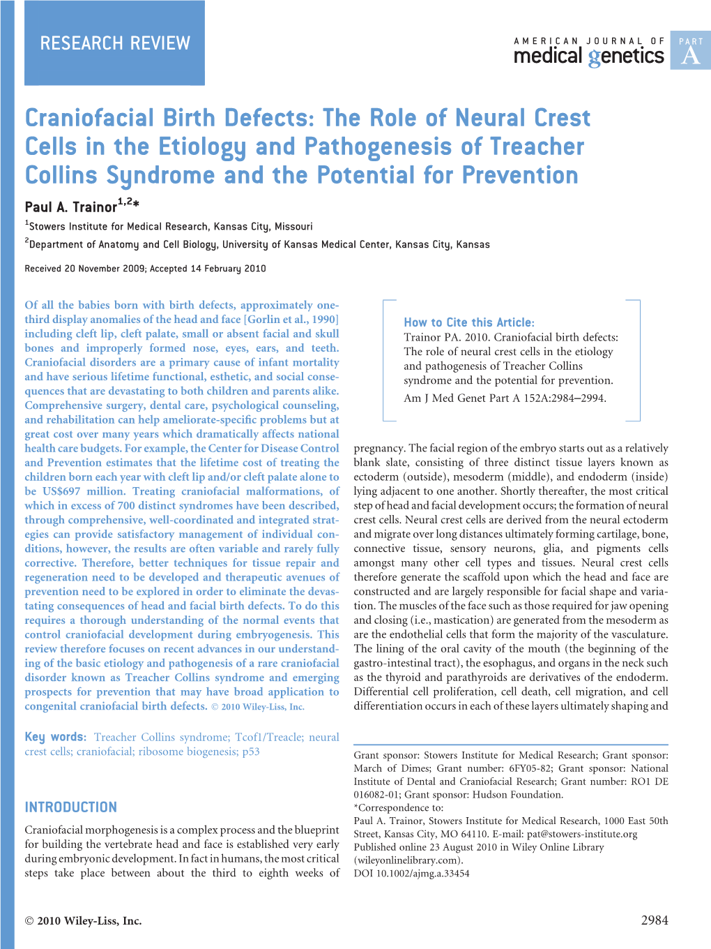 Craniofacial Birth Defects: the Role of Neural Crest Cells in the Etiology and Pathogenesis of Treacher Collins Syndrome and the Potential for Prevention Paul A