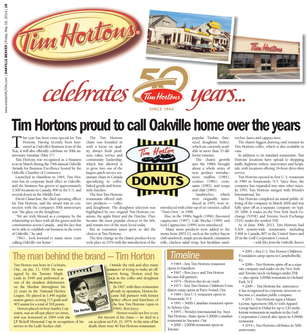 Tim Hortons Proud to Call Oakville Home Over the Years
