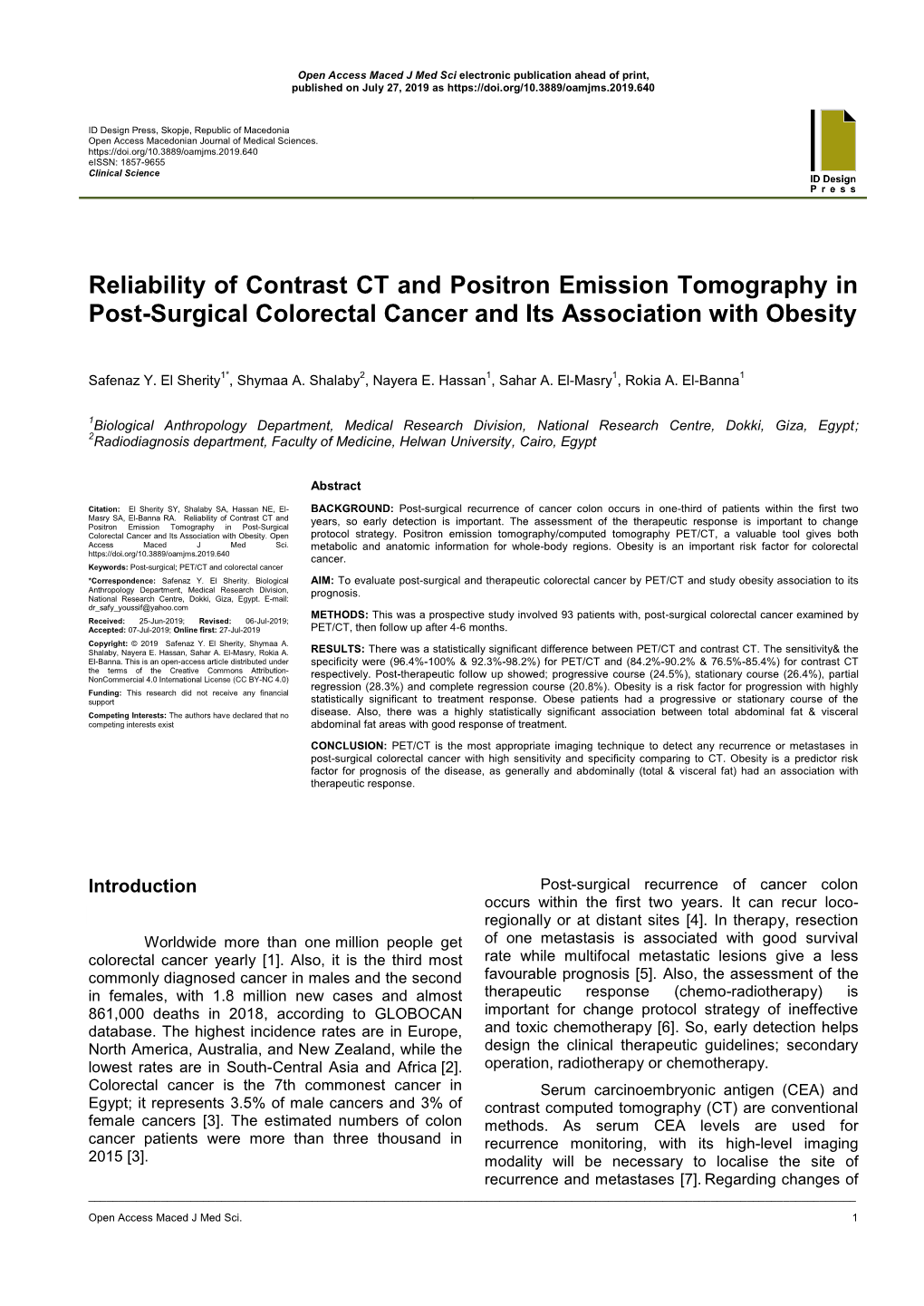 Reliability of Contrast CT and Positron Emission Tomography in Post-Surgical Colorectal Cancer and Its Association with Obesity