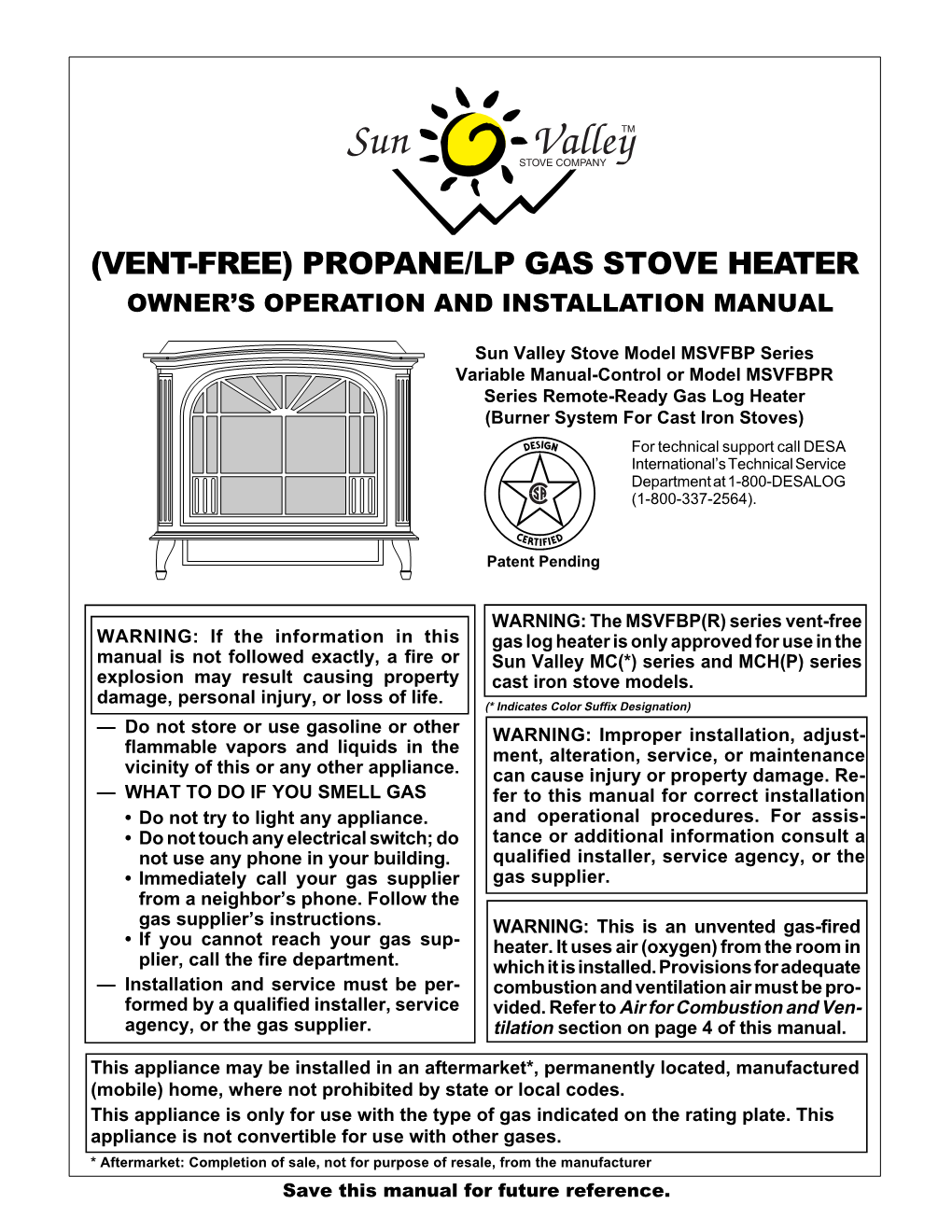 (Vent-Free) Propane/Lp Gas Stove Heater Owner’S Operation and Installation Manual