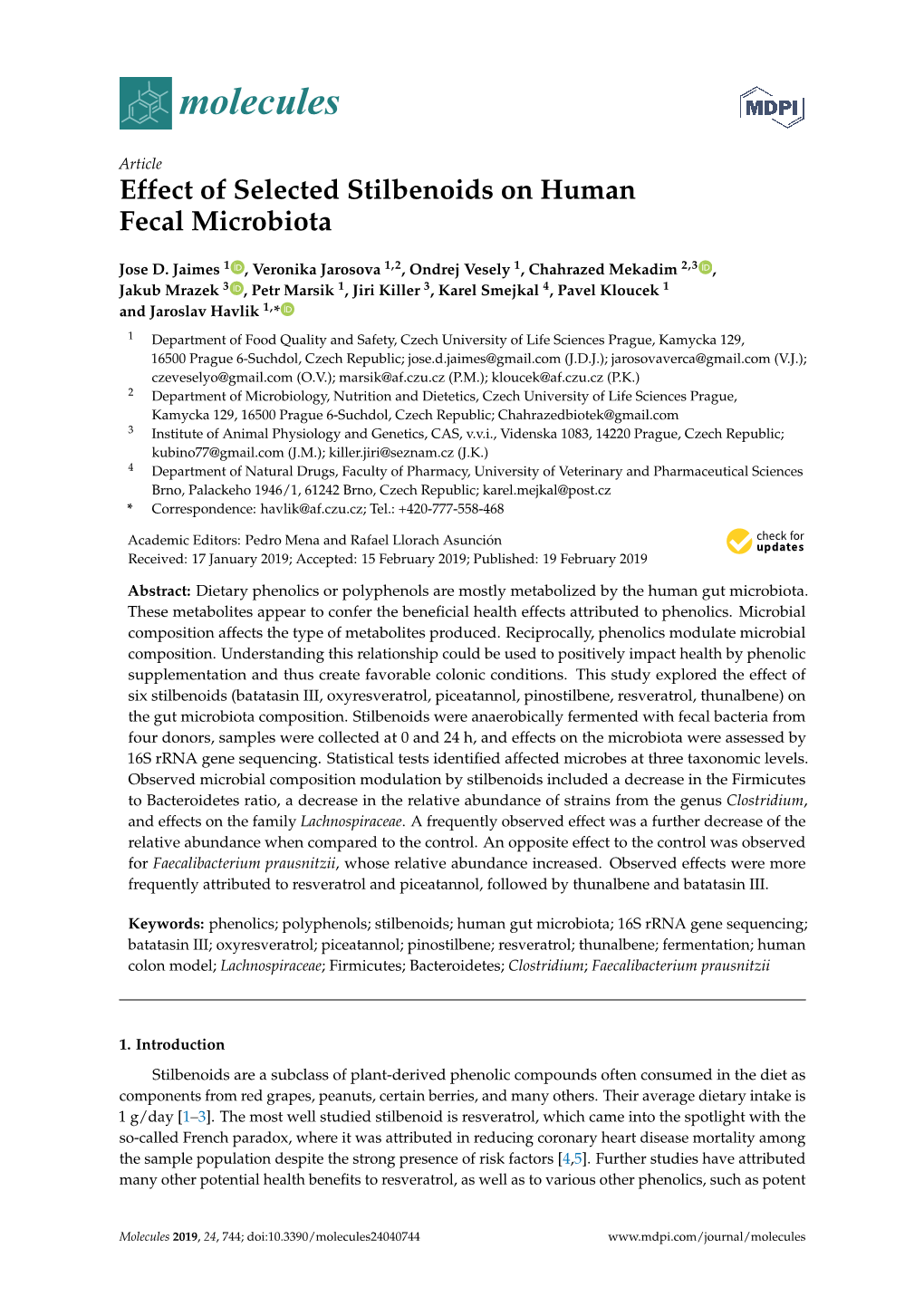 Effect of Selected Stilbenoids on Human Fecal Microbiota
