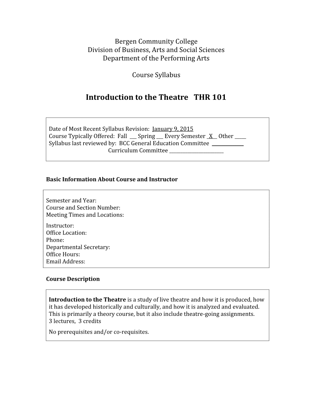 THR-101 Introduction to the Theater