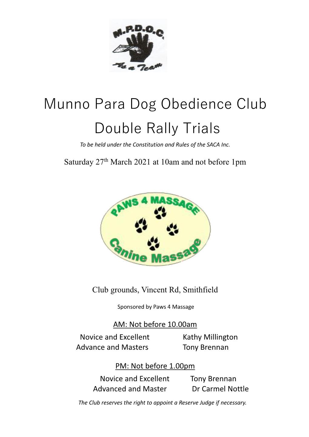 Munno Para Dog Obedience Club Double Rally Trials