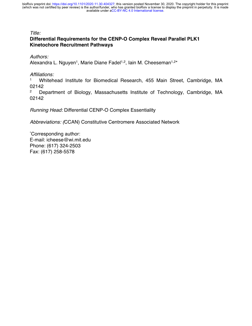 Differential Requirements for the CENP-O Complex Reveal Parallel PLK1 Kinetochore Recruitment Pathways