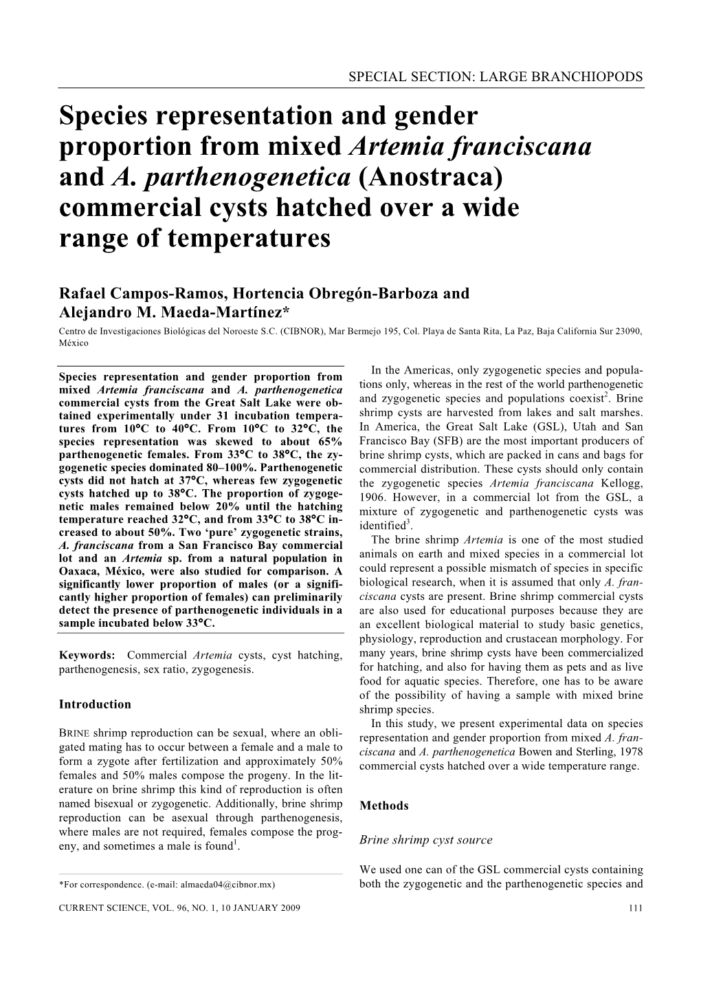 Species Representation and Gender Proportion from Mixed Artemia Franciscana and A