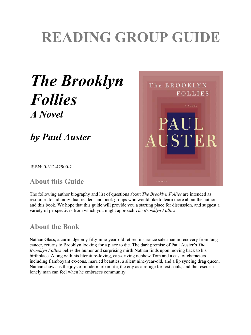 READING GROUP GUIDE the Brooklyn Follies a Novel by Paul Auster