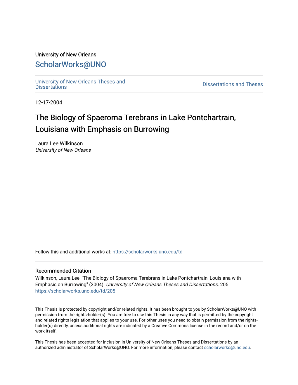 The Biology of Spaeroma Terebrans in Lake Pontchartrain, Louisiana with Emphasis on Burrowing