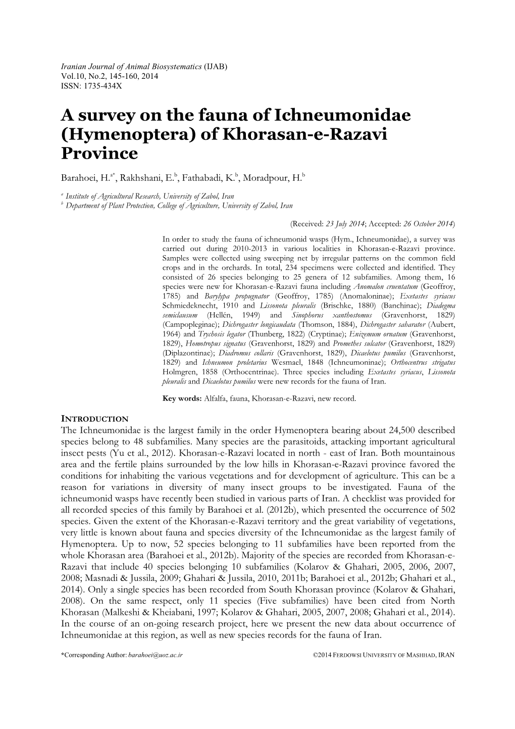 (Hymenoptera) of Khorasan-E-Razavi Province