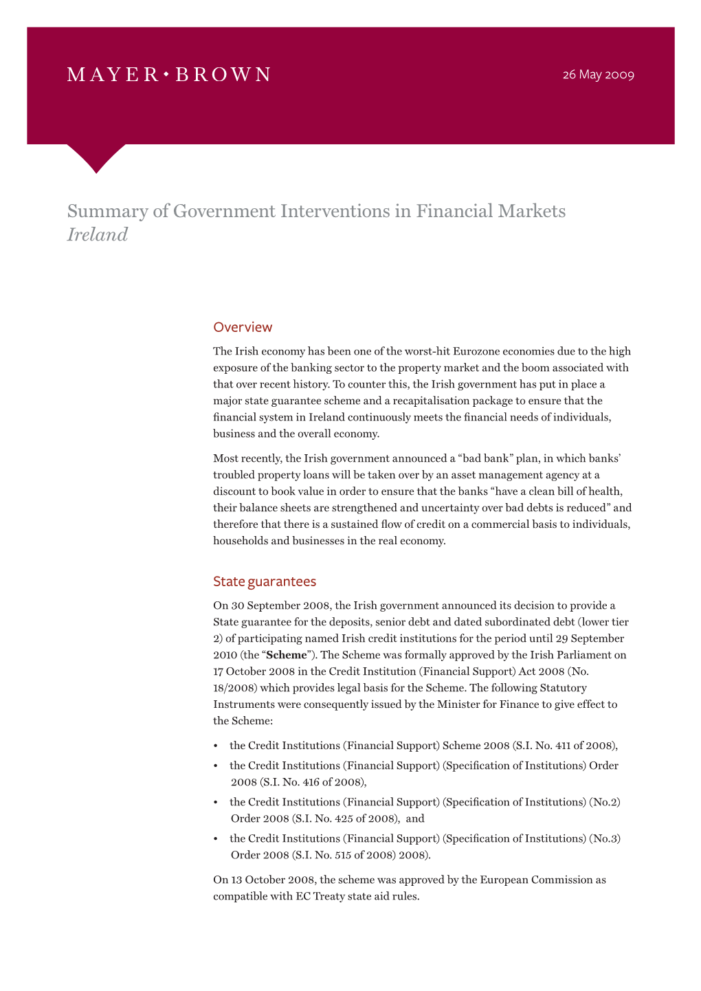 Summary of Government Interventions in Financial Markets Ireland