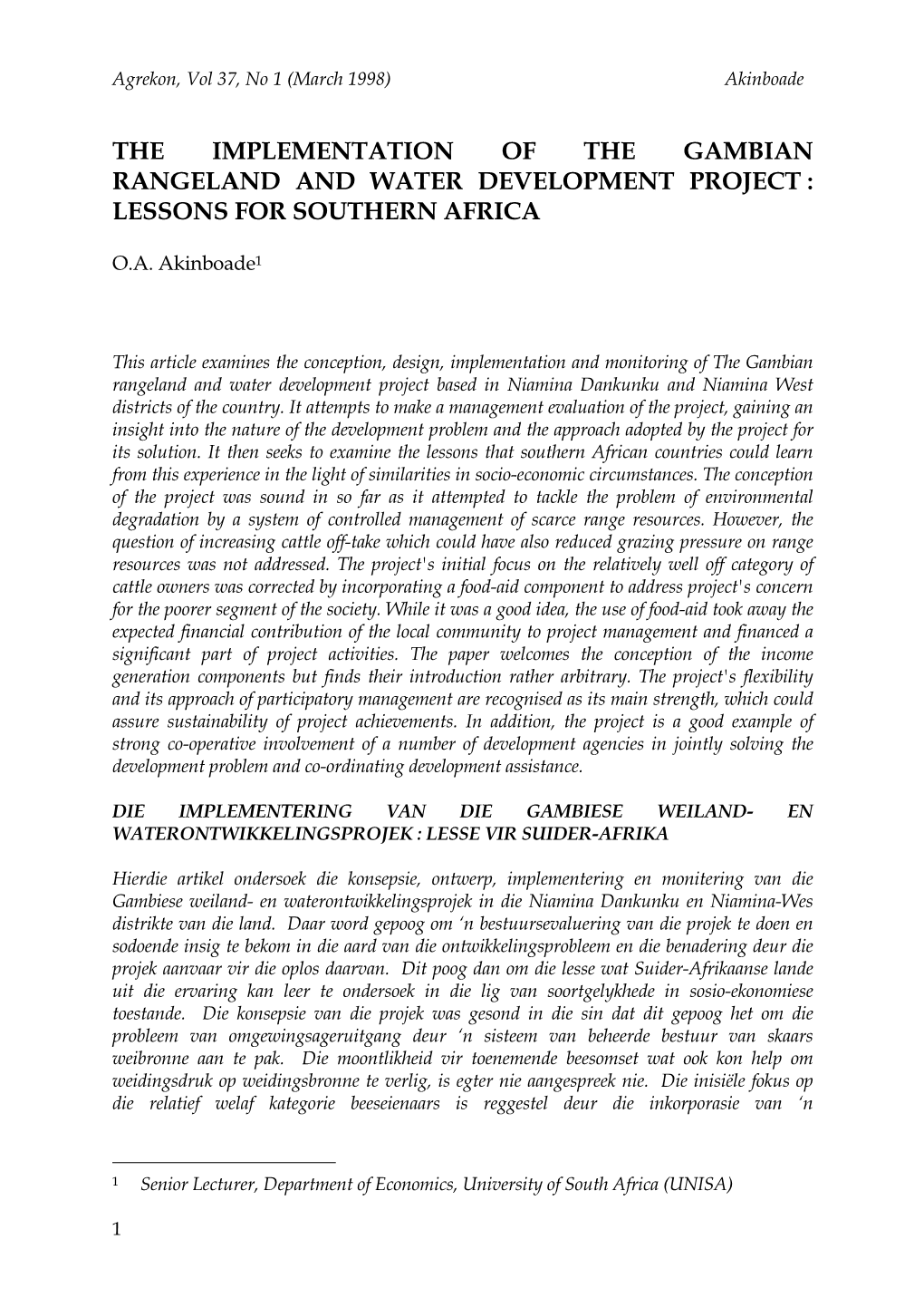The Implementation of the Gambian Rangeland and Water Development Project : Lessons for Southern Africa