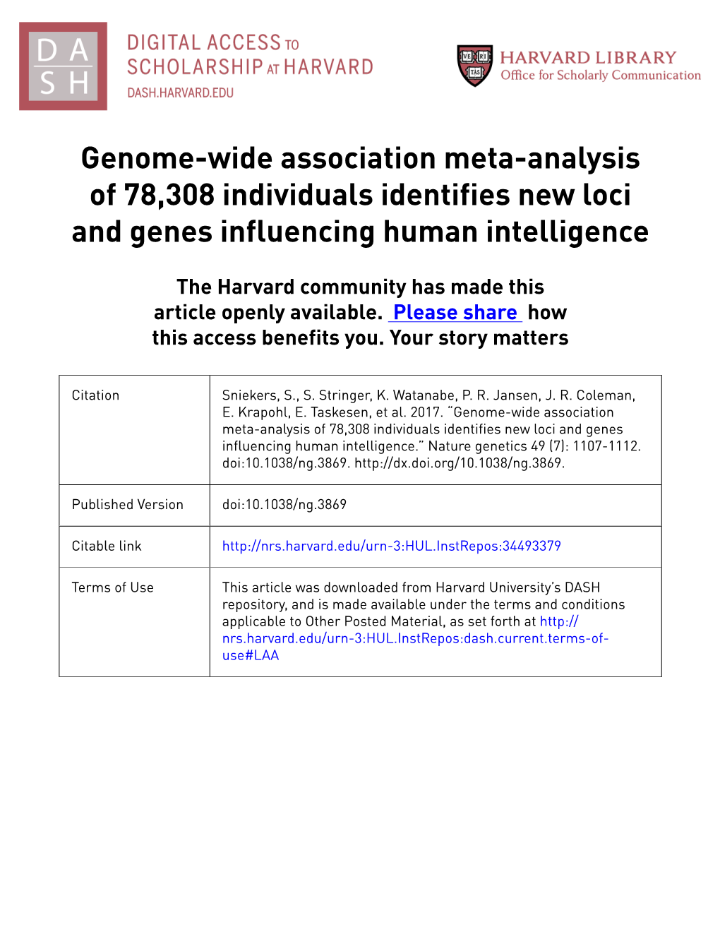 Genome-Wide Association Meta-Analysis of 78,308 Individuals Identifies New Loci and Genes Influencing Human Intelligence