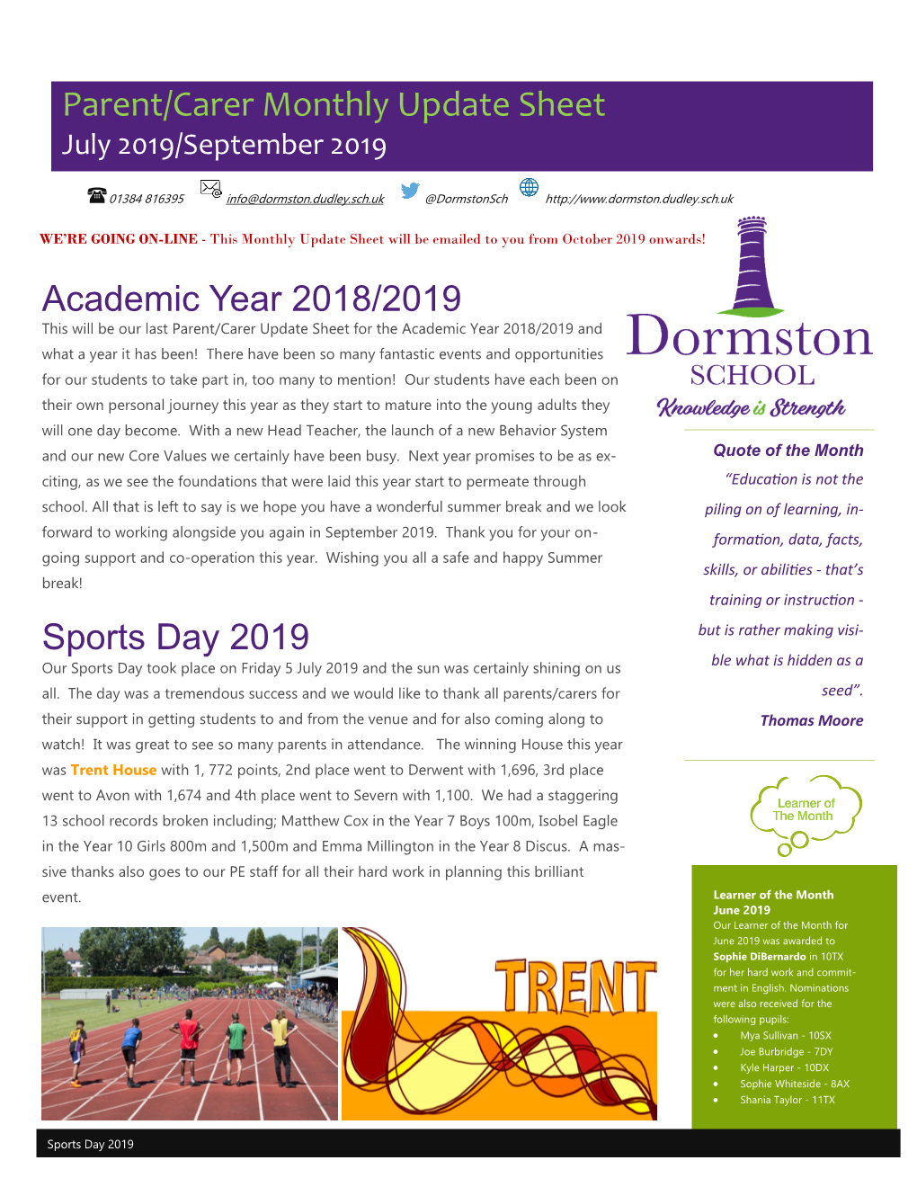 Academic Year 2018/2019 Sports Day 2019 Parent/Carer Monthly Update
