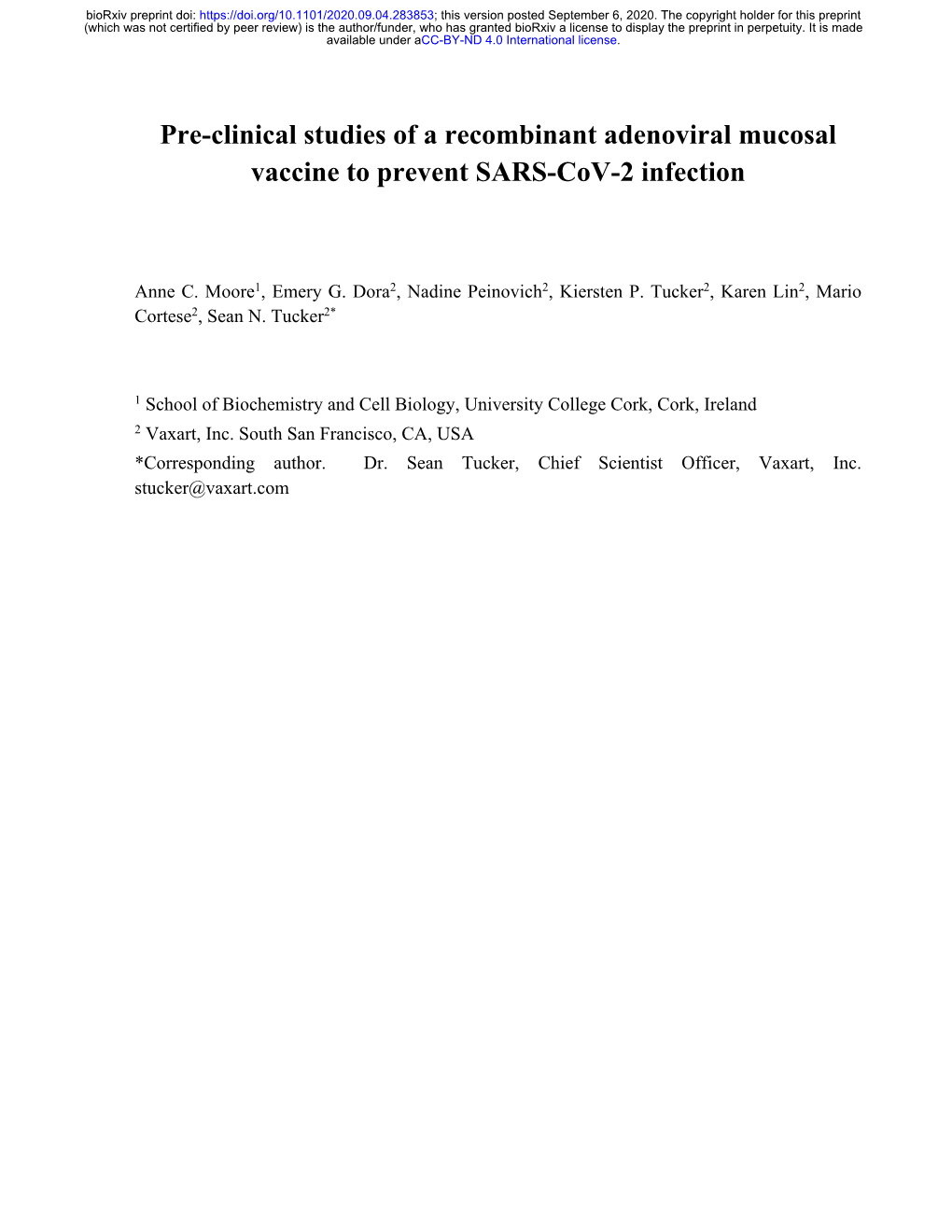 Pre-Clinical Studies of a Recombinant Adenoviral Mucosal Vaccine to Prevent SARS-Cov-2 Infection