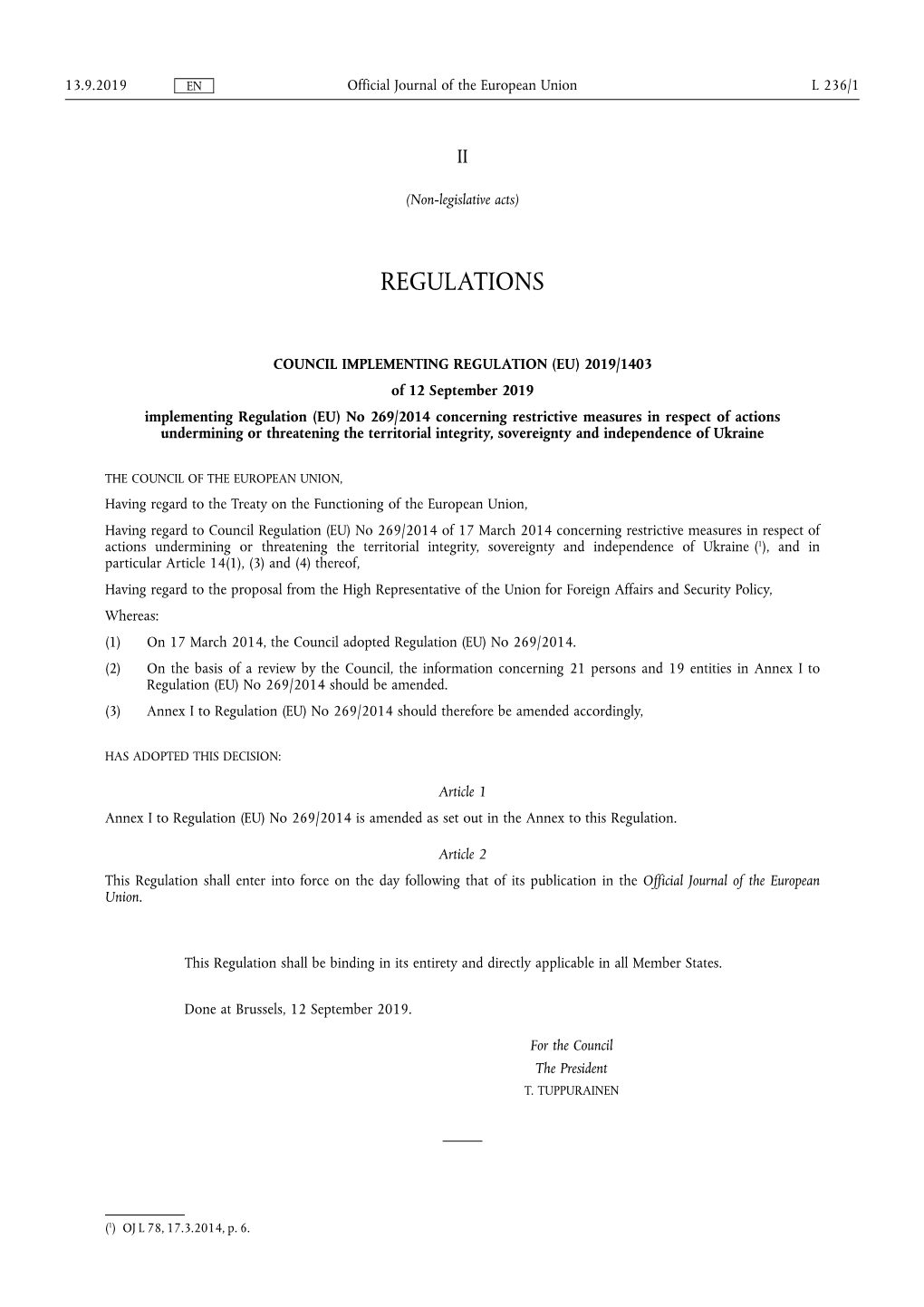 Council Implementing Regulation (Eu) 2019/ 1403