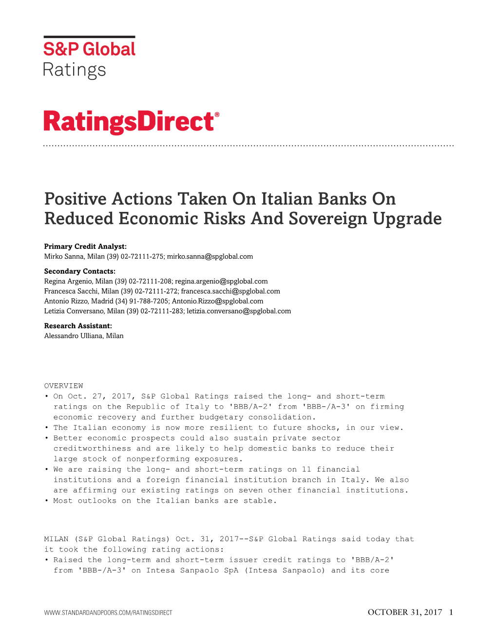 Positive Actions Taken on Italian Banks on Reduced Economic Risks and Sovereign Upgrade