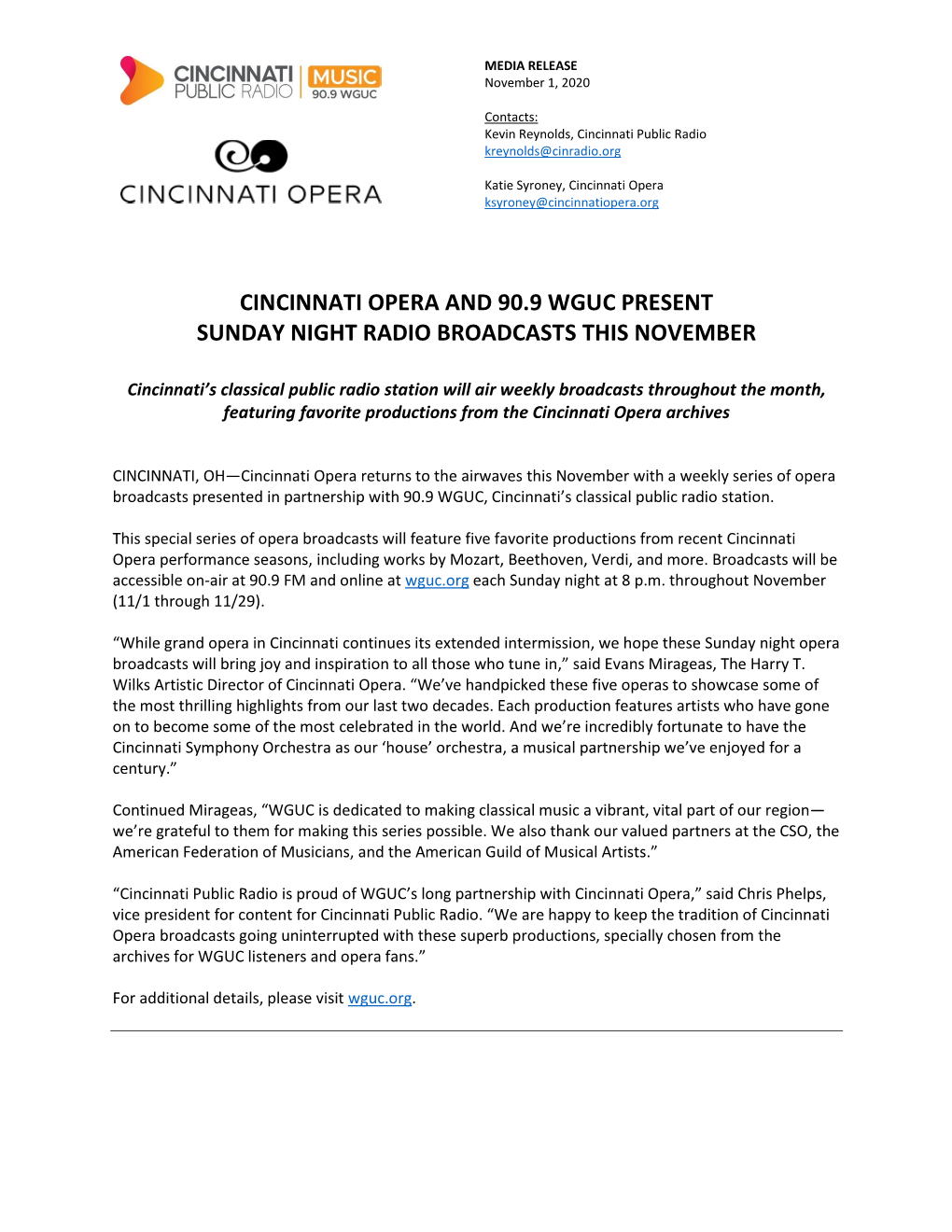 Cincinnati Opera and 90.9 Wguc Present Sunday Night Radio Broadcasts This November