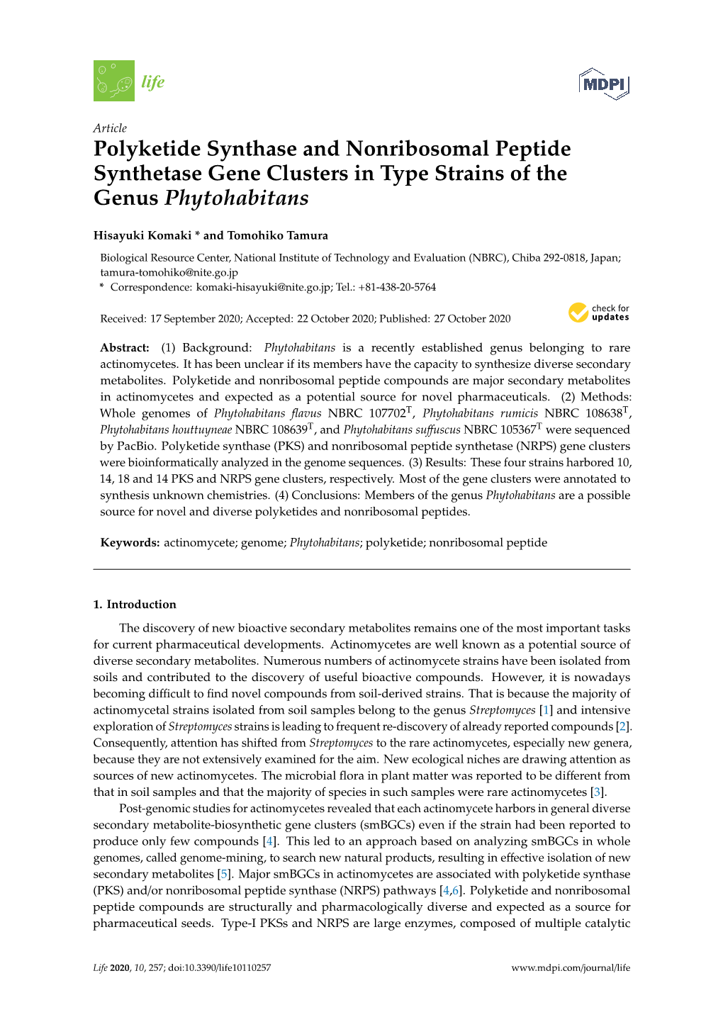 Polyketide Synthase and Nonribosomal Peptide Synthetase Gene Clusters in Type Strains of the Genus Phytohabitans