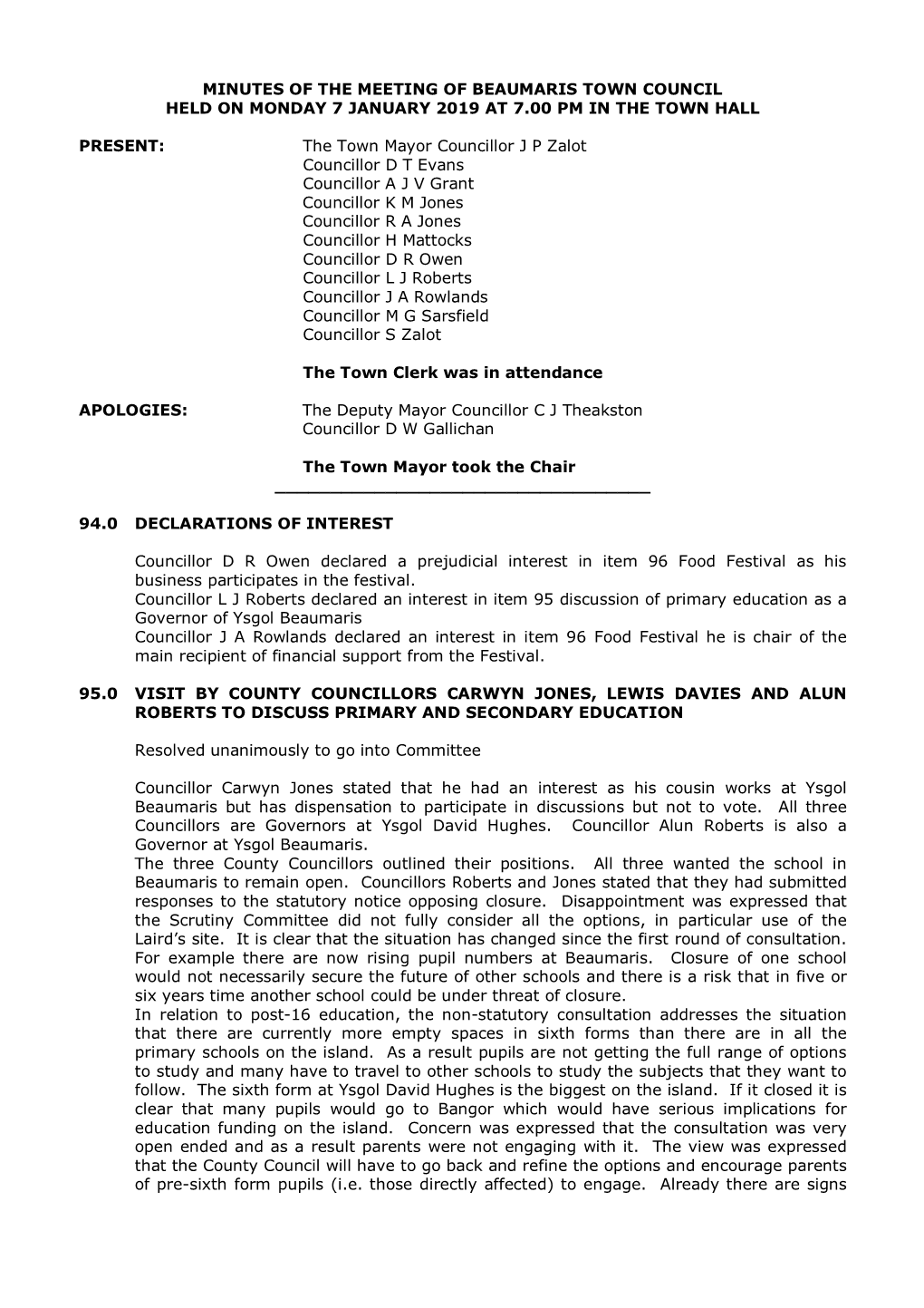 Minutes of the Meeting of Beaumaris Town Council Held on Monday 7 January 2019 at 7.00 Pm in the Town Hall