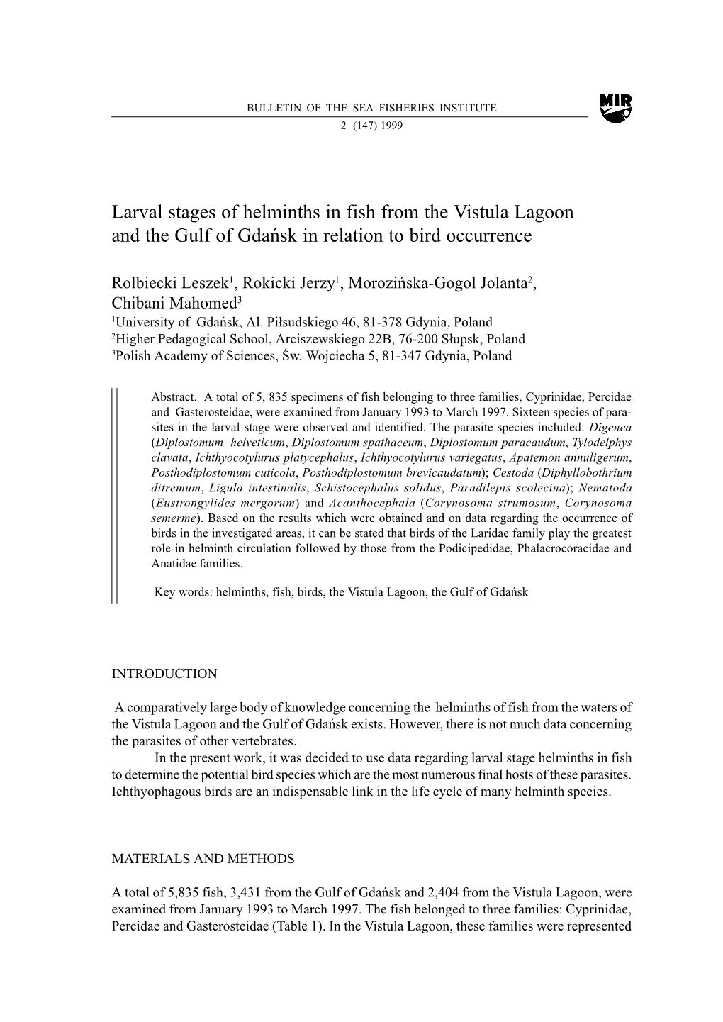 Larval Stages of Helminths in Fish from the Vistula Lagoon and the Gulf of Gdañsk in Relation to Bird Occurrence