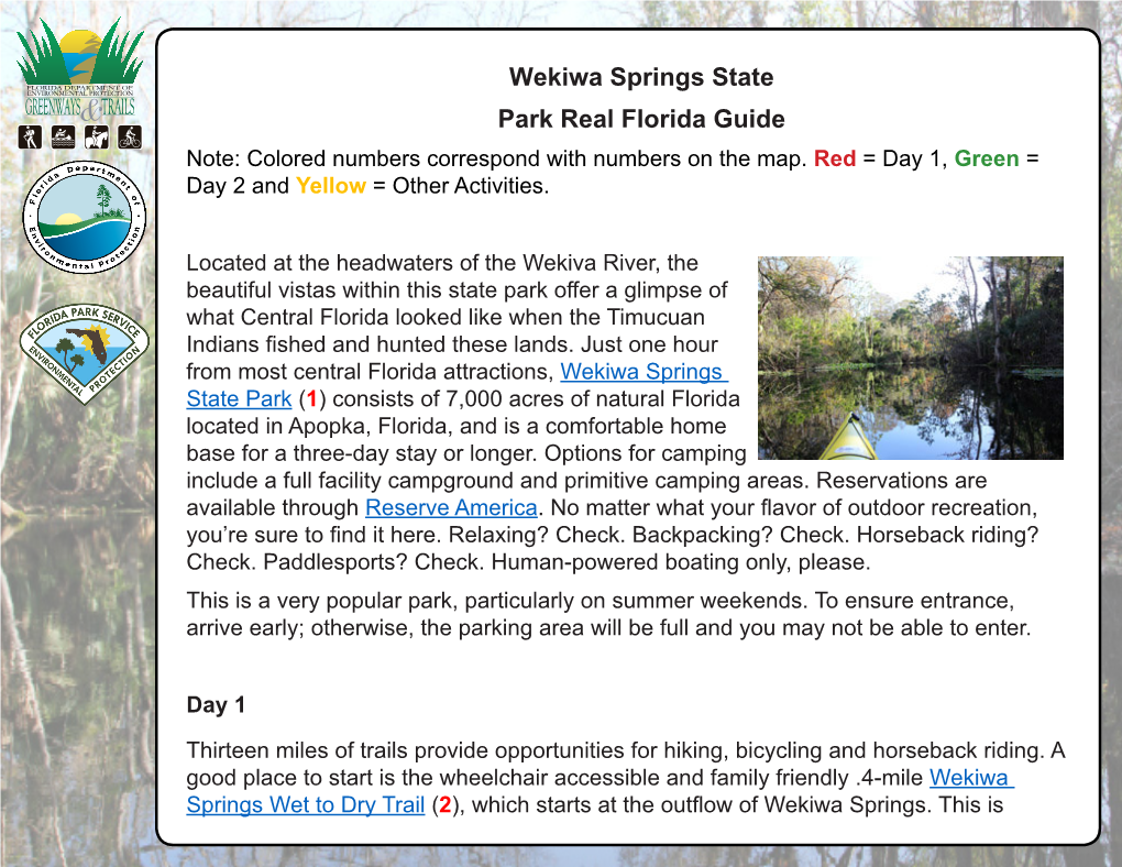 Wekiwa Springs State Park Real Florida Guide Note: Colored Numbers Correspond with Numbers on the Map