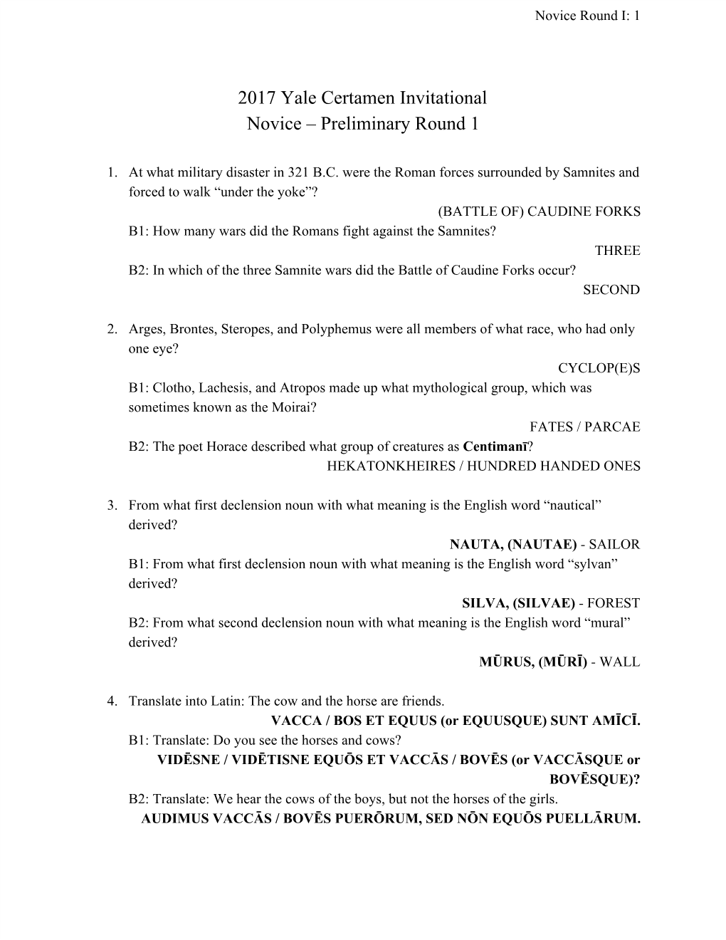 2017​​Yale​​Certamen​​Invitational Novice