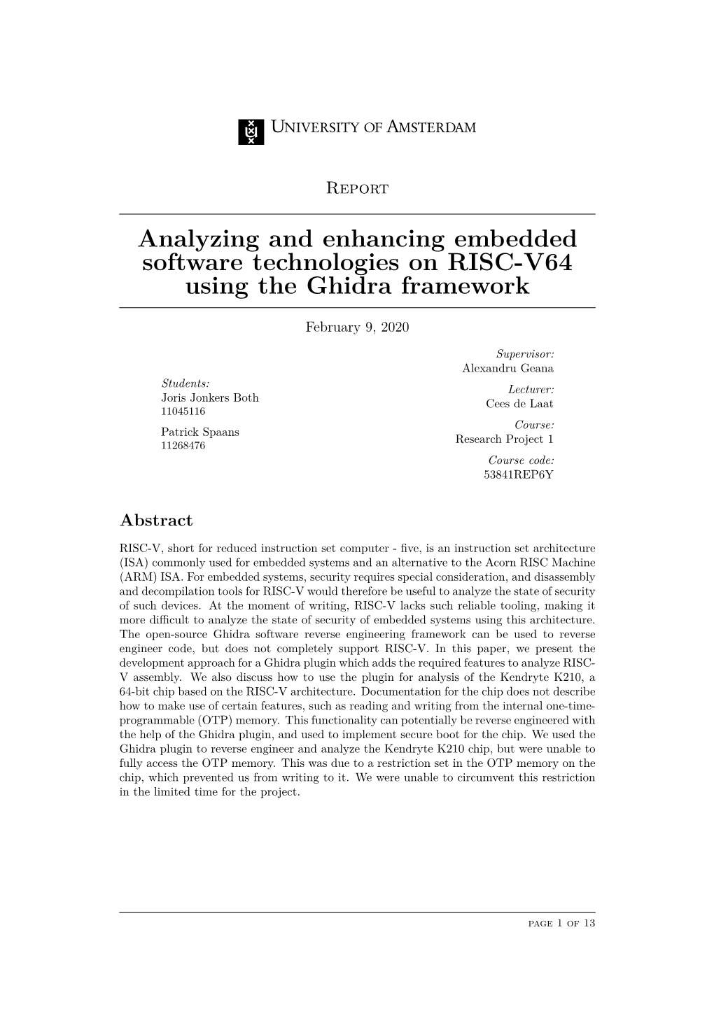 Analyzing and Enhancing Embedded Software Technologies on RISC-V64 Using the Ghidra Framework