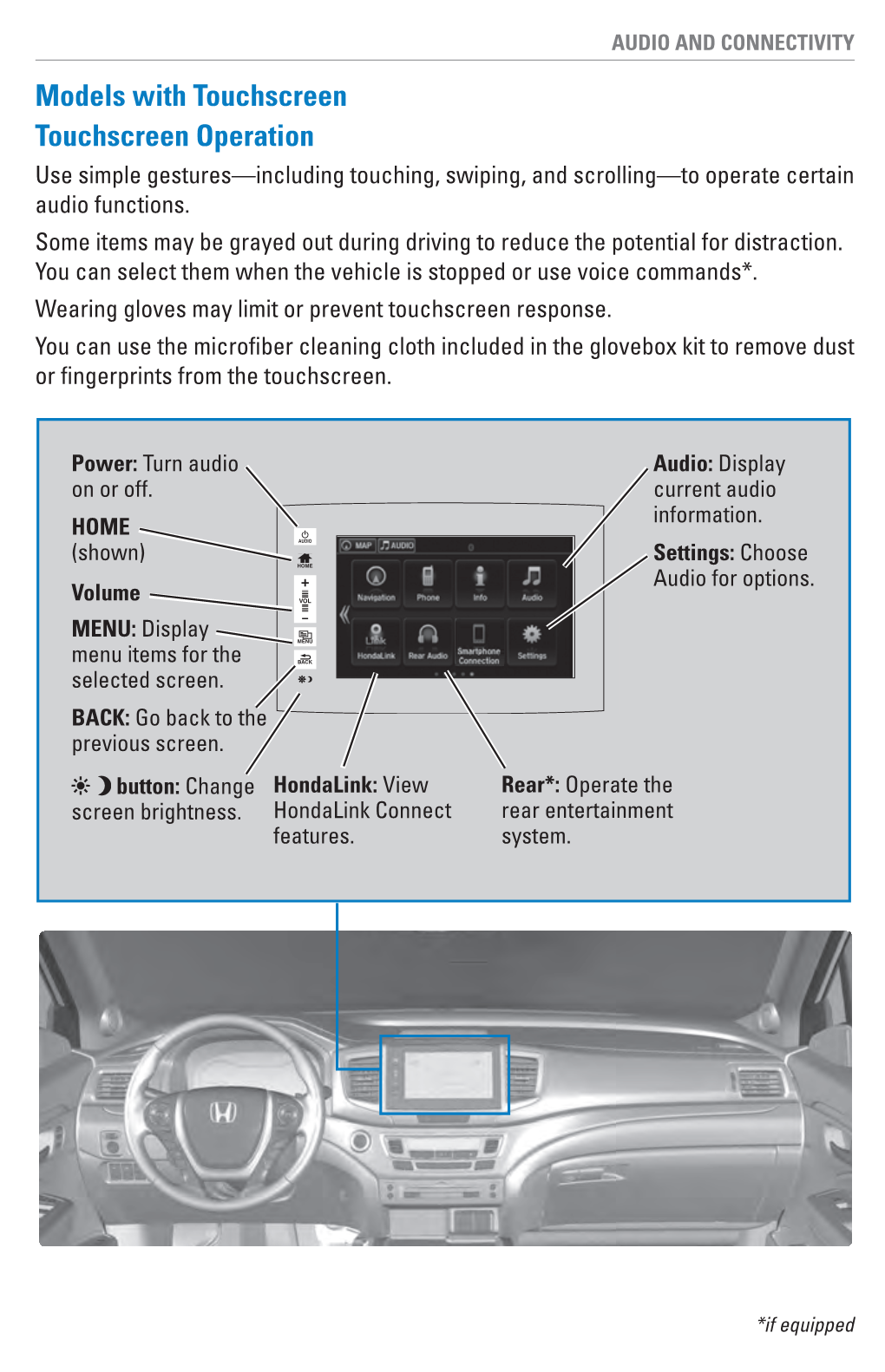 Models with Touchscreen Touchscreen Operation Use Simple Gestures—Including Touching, Swiping, and Scrolling—To Operate Certain Audio Functions