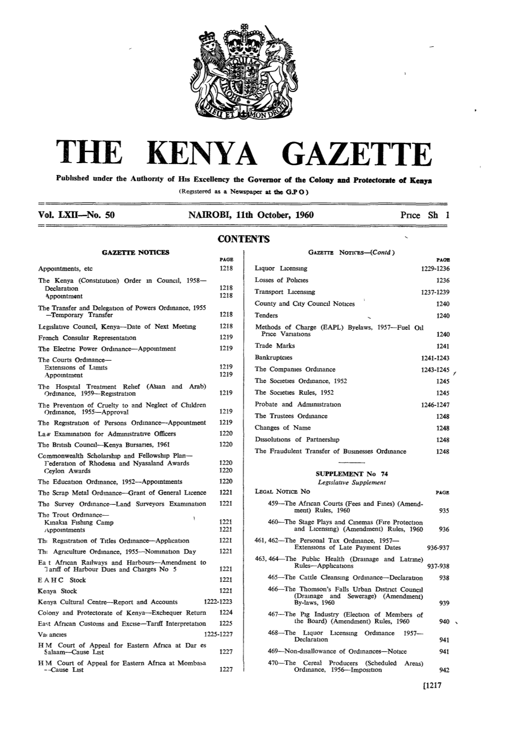 THE KENYA GAZETTE Published Under the Authority of HIS Excellency the Governor of the Celony and Protectorate of Kenya (Regstered As a Newspaper at the A.P 0 ) - V~Ol