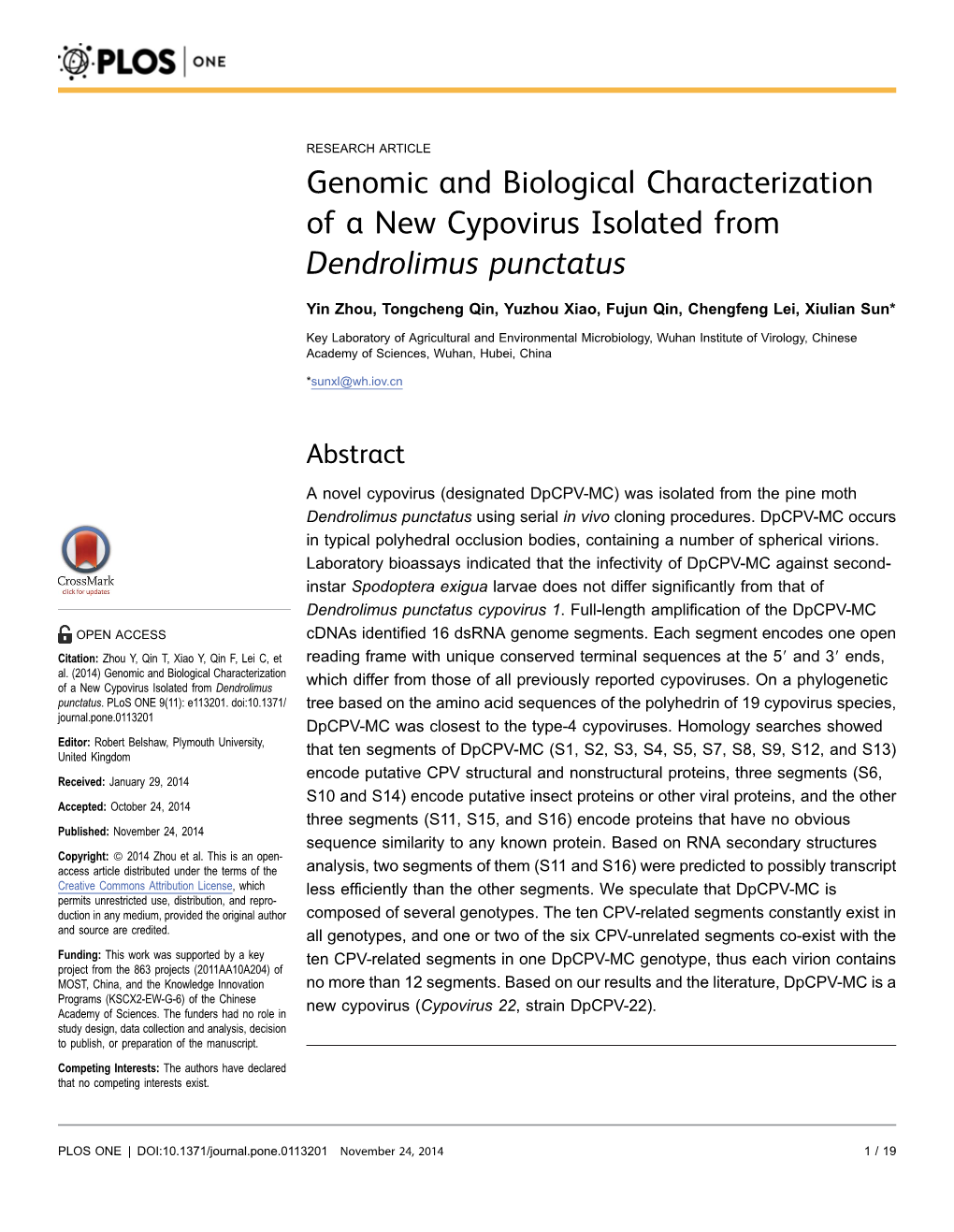 Genomic and Biological Characterization of a New Cypovirus Isolated from Dendrolimus Punctatus