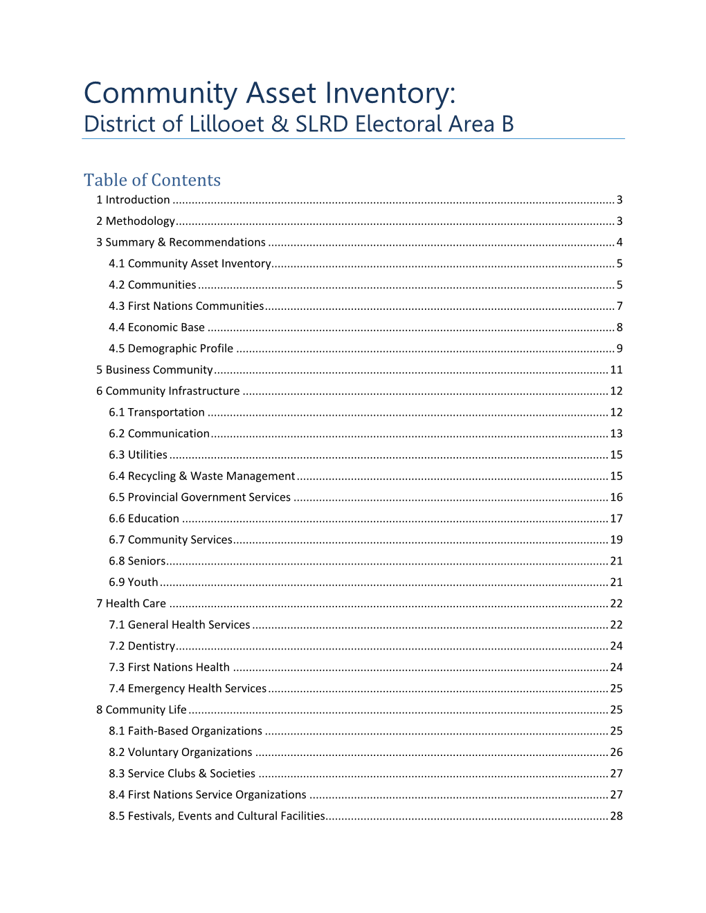 District of Lillooet & SLRD Electoral Area B Community Asset Inventory
