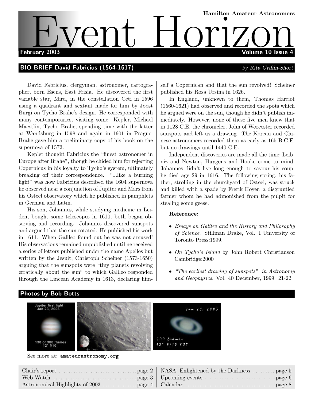 February 2003 Volume 10 Issue 4 BIO BRIEF David Fabricius (1564