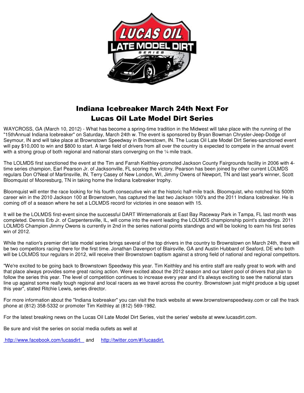 Indiana Icebreaker March 24Th Next for Lucas Oil Late Model Dirt Series