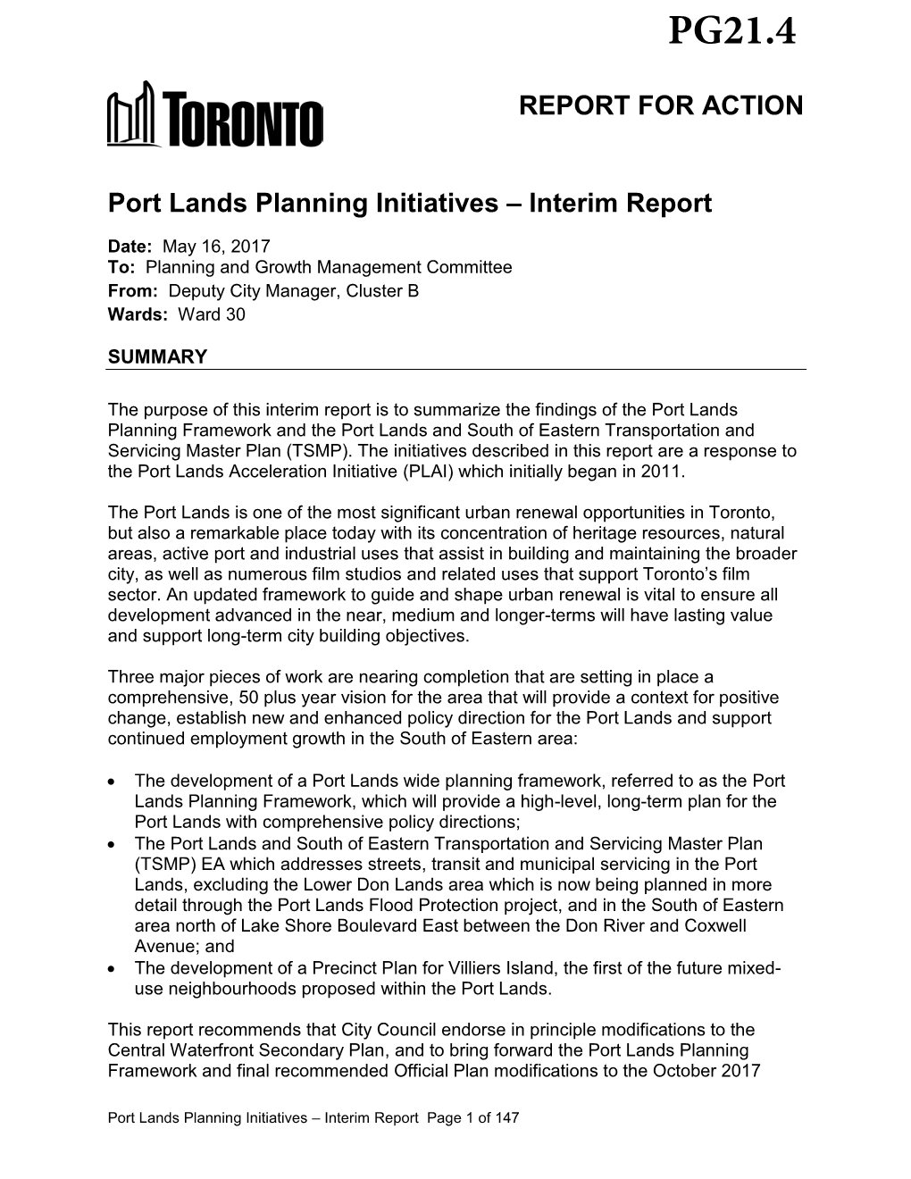 Port Lands Planning Initiatives – Interim Report
